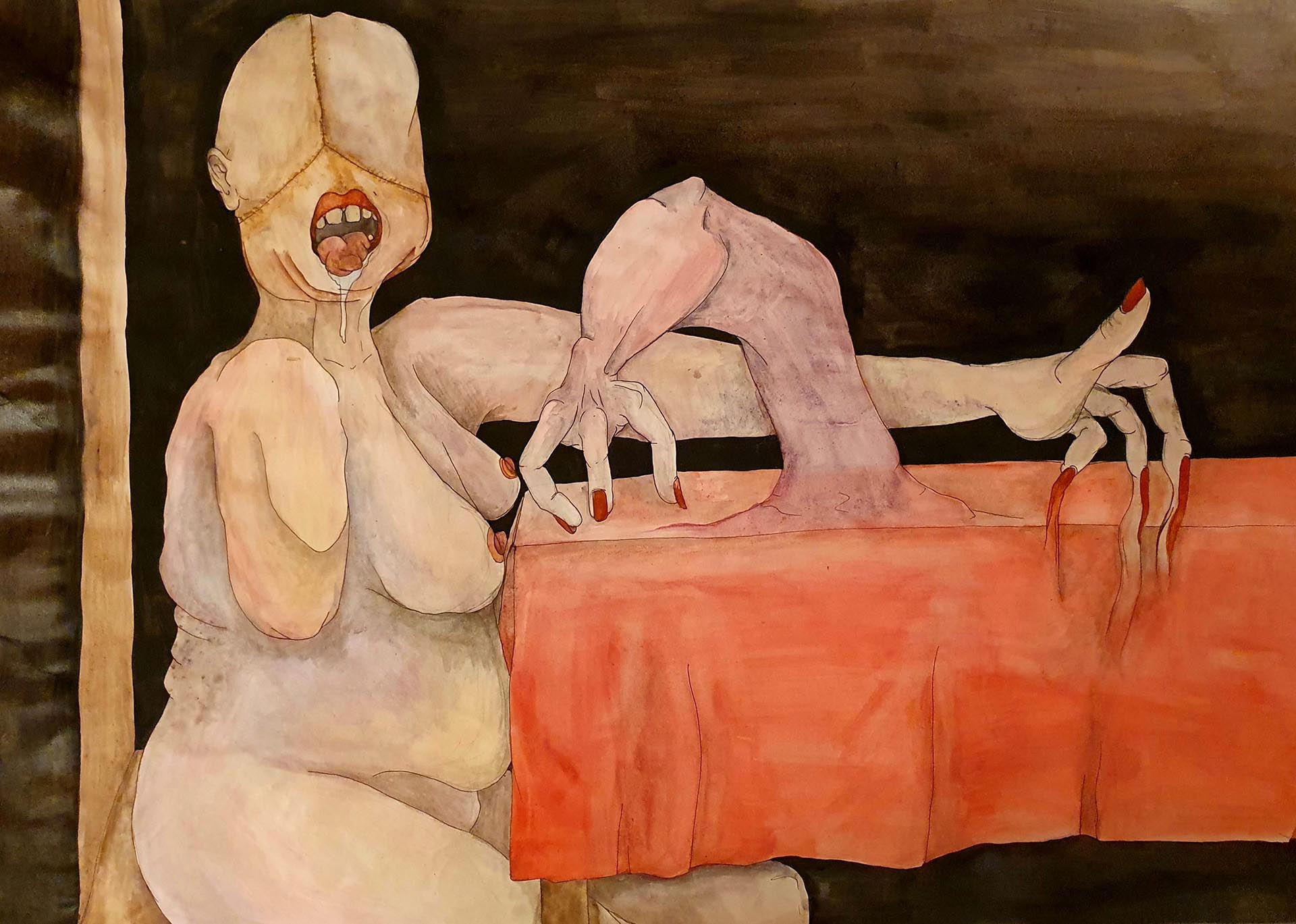 Watercolour. A one armed, eye-less woman sits at a table. A hand extends from the table cloth.