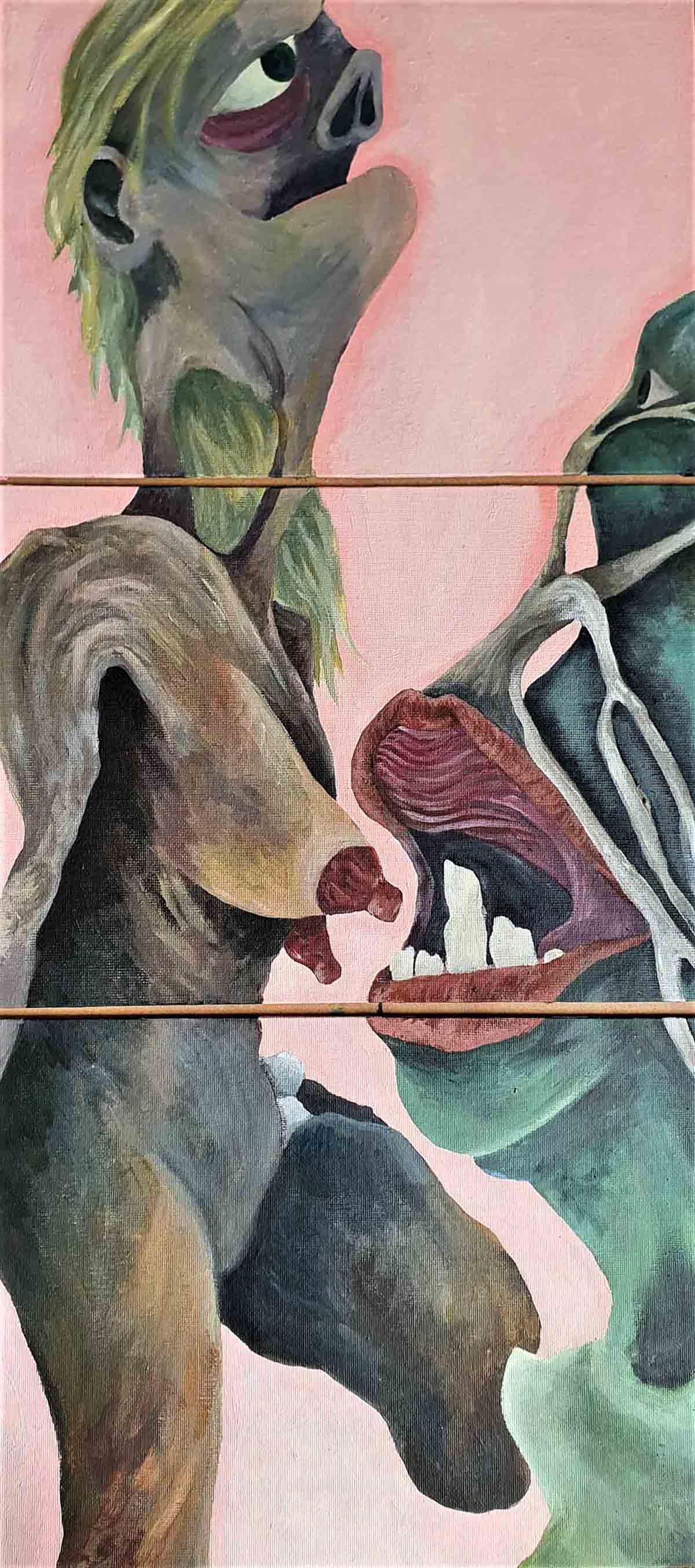 Acrylic triptych. Naked woman stands as alien organism attempts to suckle at her breasts.