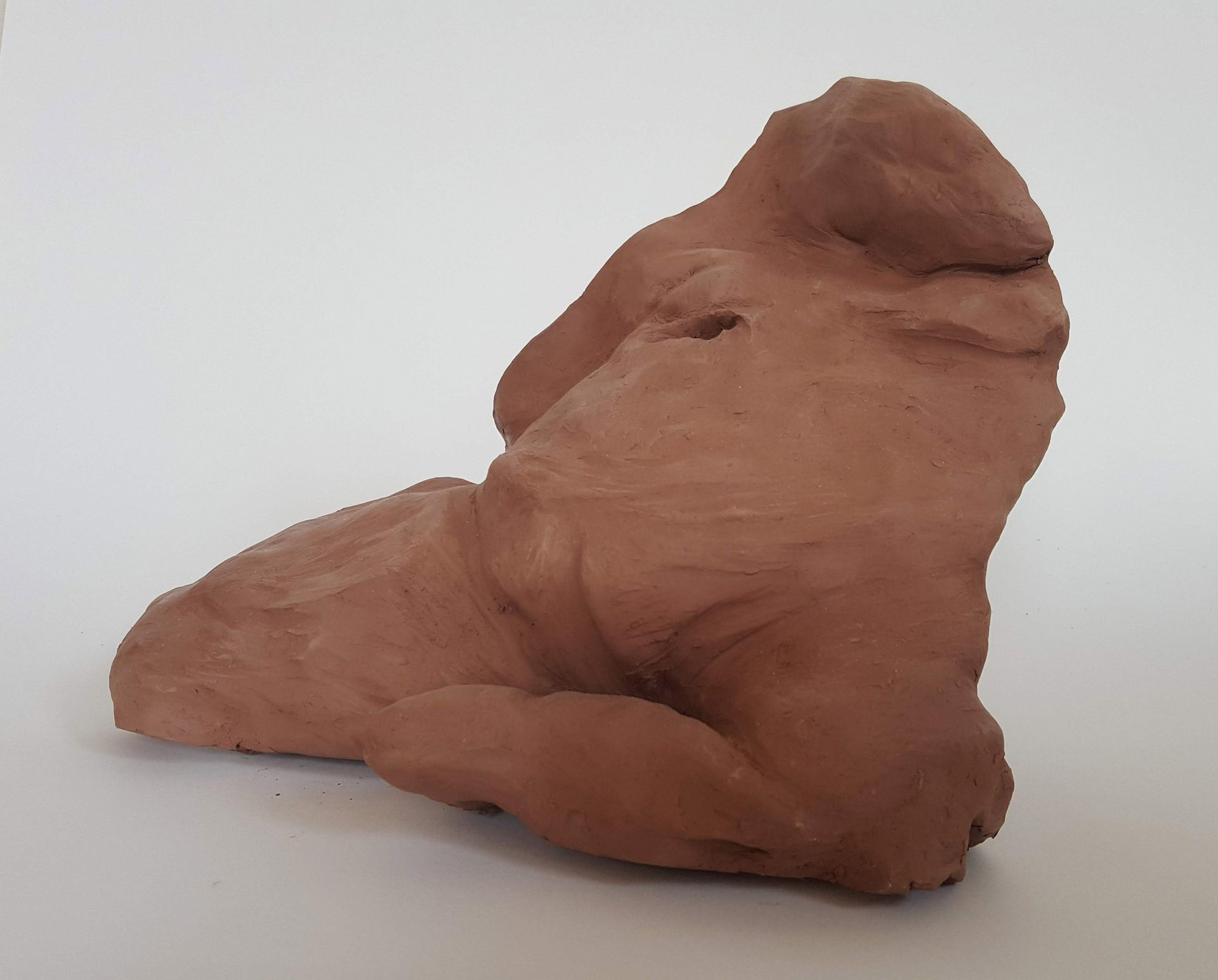 Clay figurative sculpture depicting the stomach, vagina and upper thigh