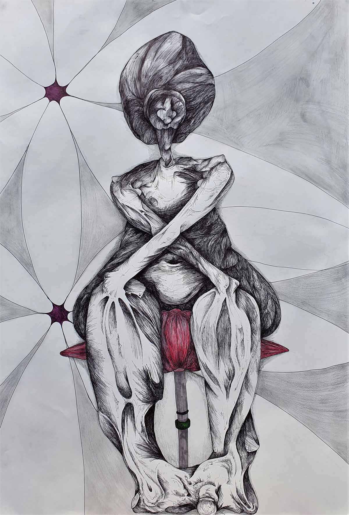 Drawing of a seated, cross armed individual