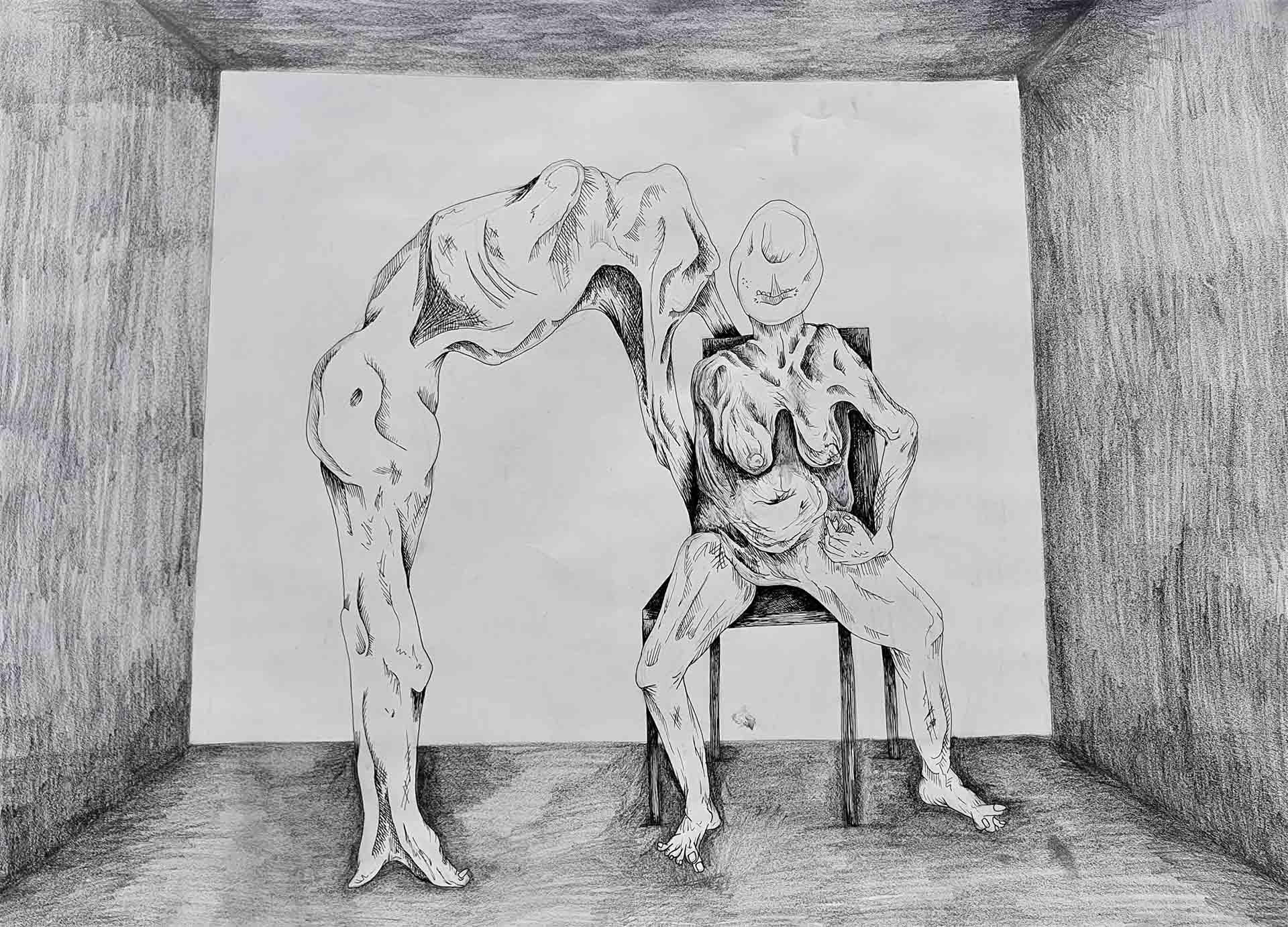 Tall figure looming over seated female figure in enclosed room