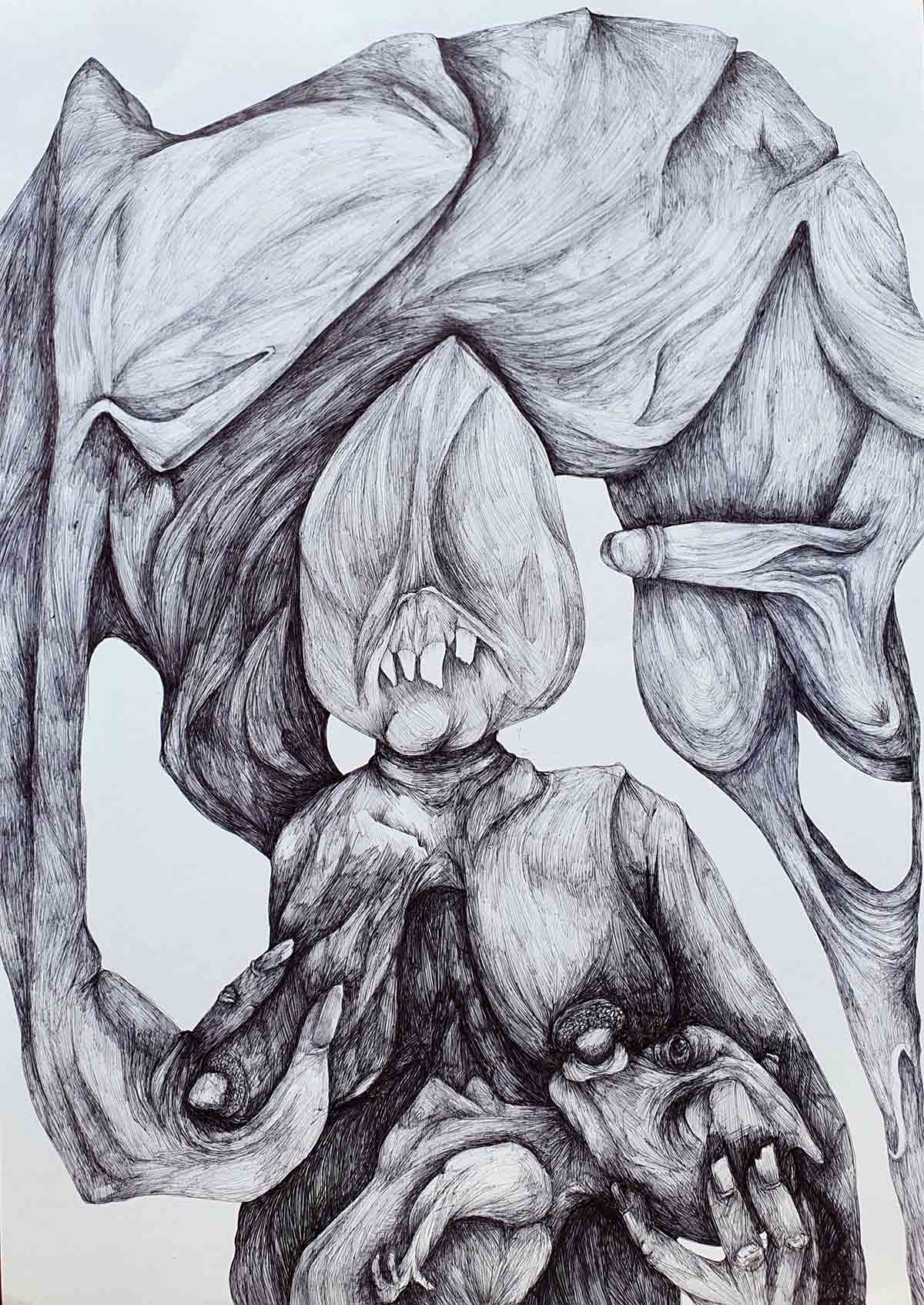 Nude, contorted composition of nuclear family