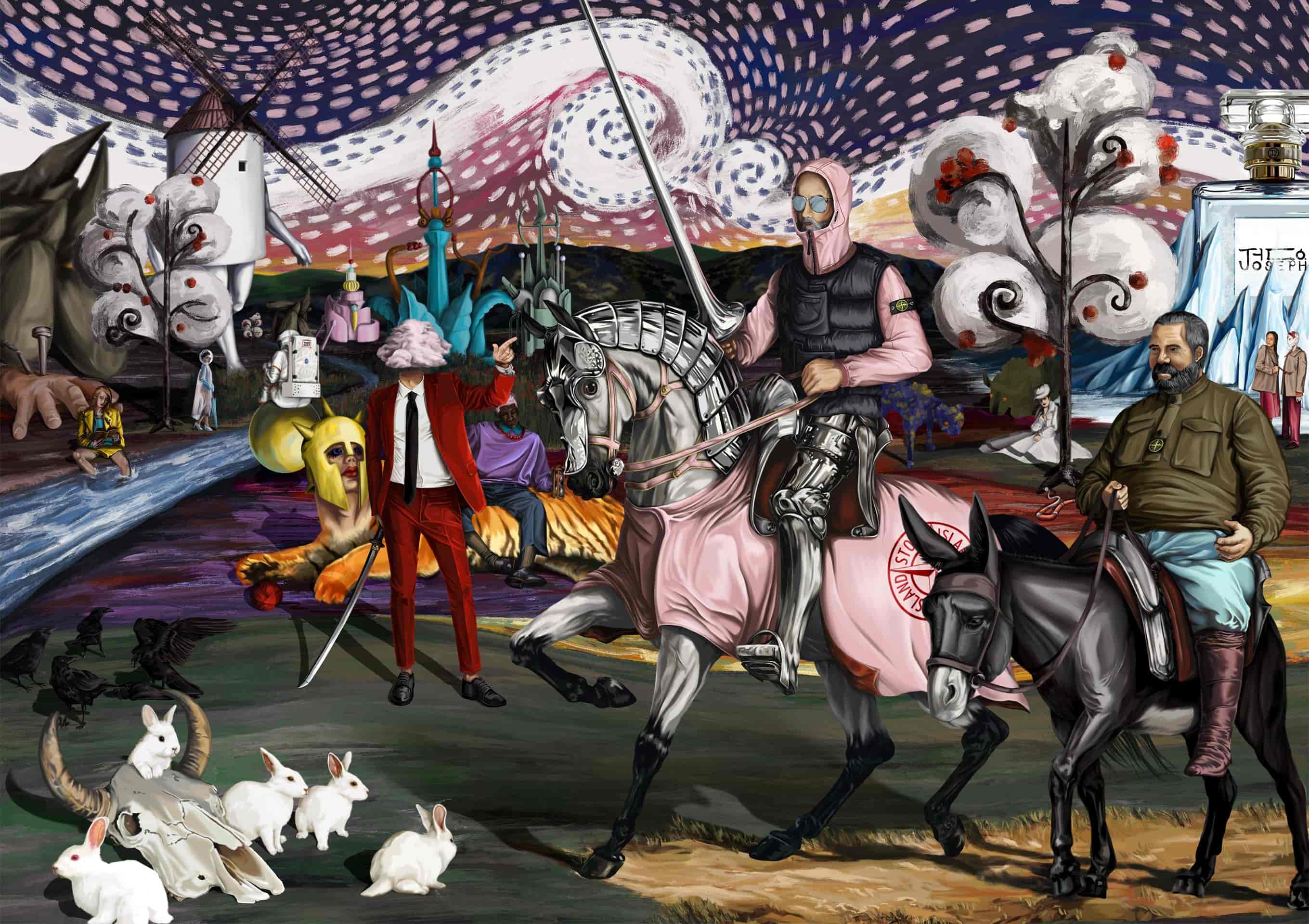 An elder knight and his servant in 'Stone Island' outfits are marching into a wonderland that's full of metaphorical imageries and surrealistic creatures; e.g. tiger with a human head and a walking giant windmill.