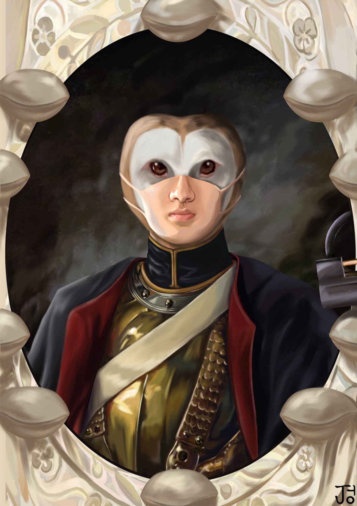 A portrait of a man with an owl head, wearing a suit of gold armour, a cape, and a face-mask made with human skin.   