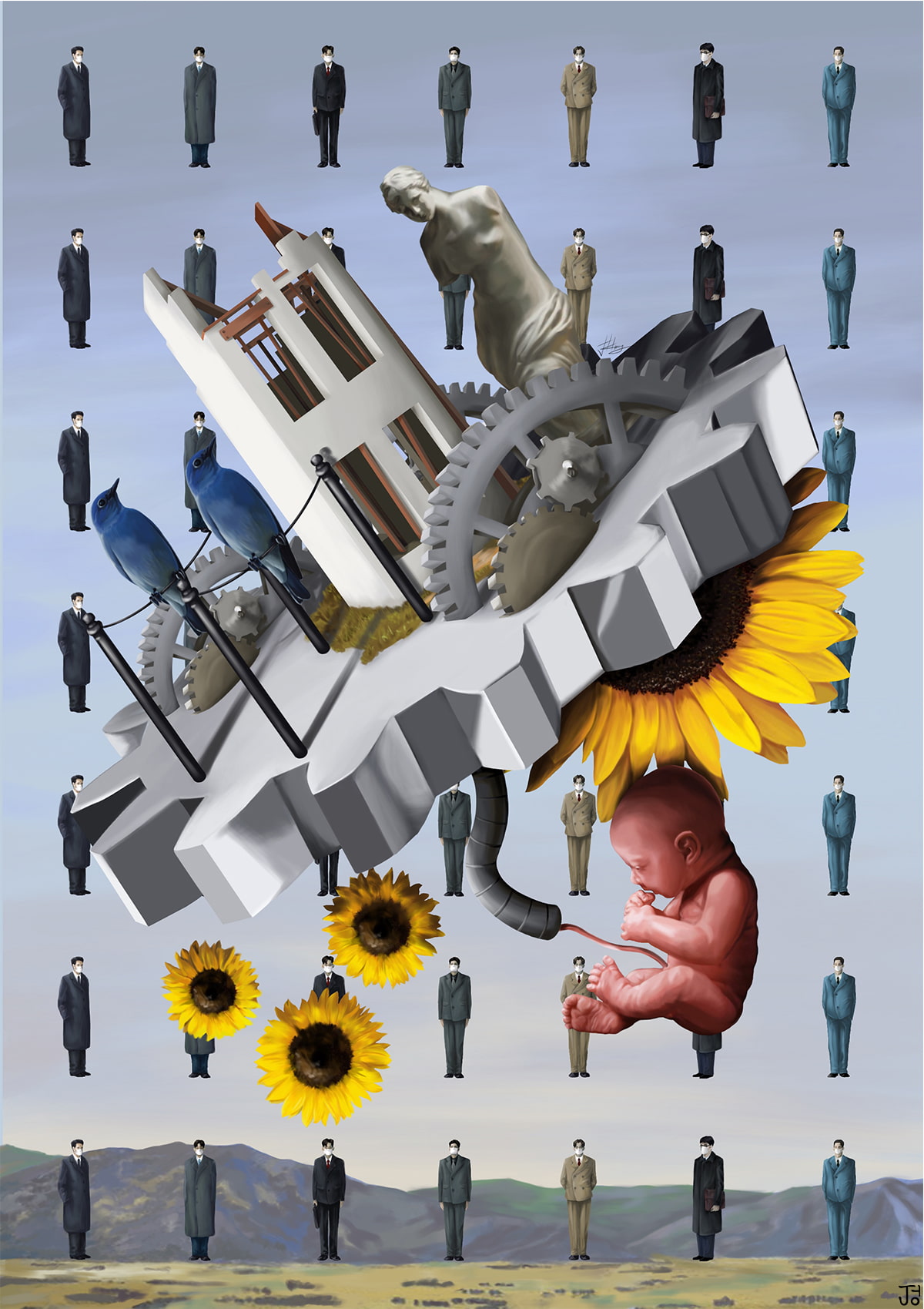 A floating gear-wheel connected to an infant with a mechanical umbilical cord is supporting statues and infrastructures. In the background, there are floating men in suits all lined up in order.