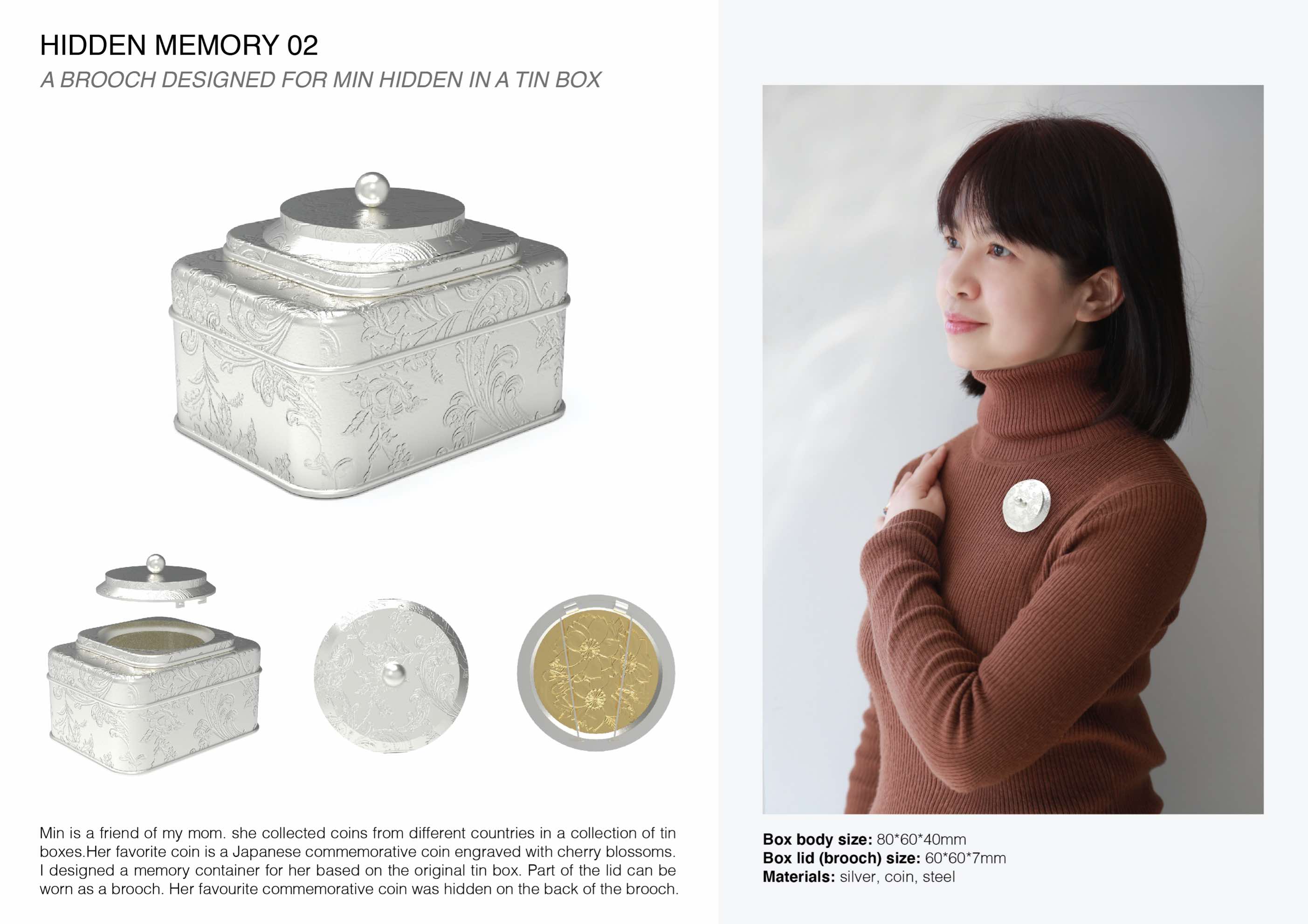 A brooch designed for MIN hidden in a tin box
