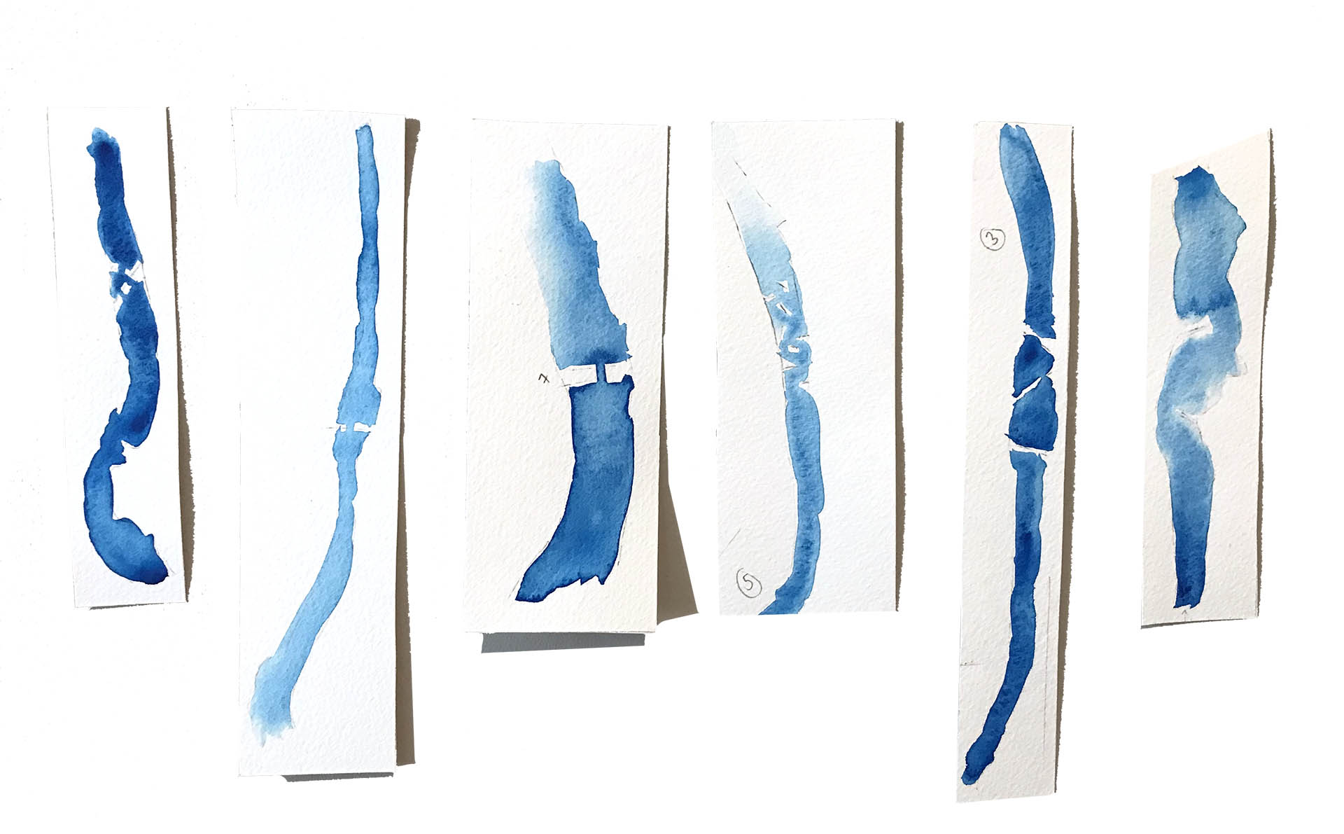 Series of 6 watercolour paint experiments of the flow of water through the proposed river interventions  
