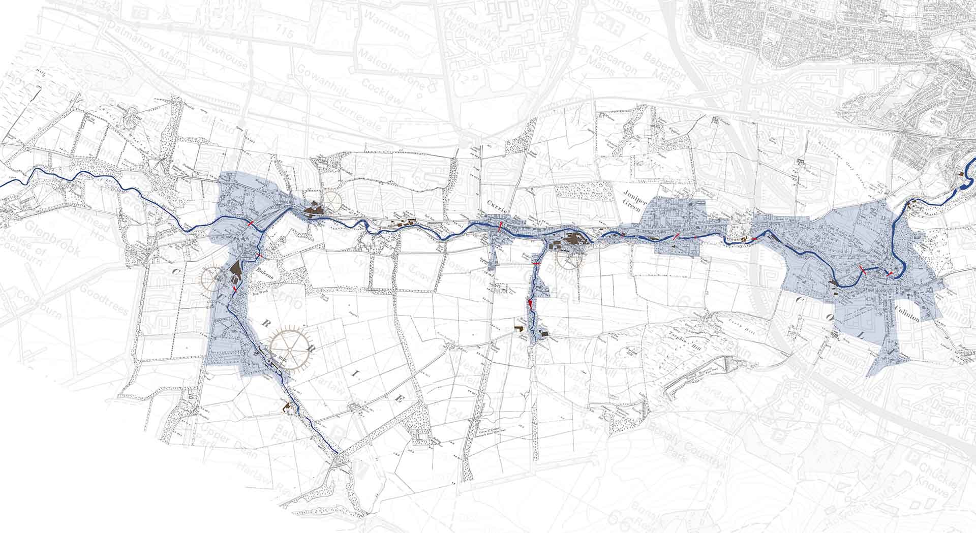 Analysis of historical neighbourhood boundaries and crossing points - how the river has previously been used as a resource for the city.