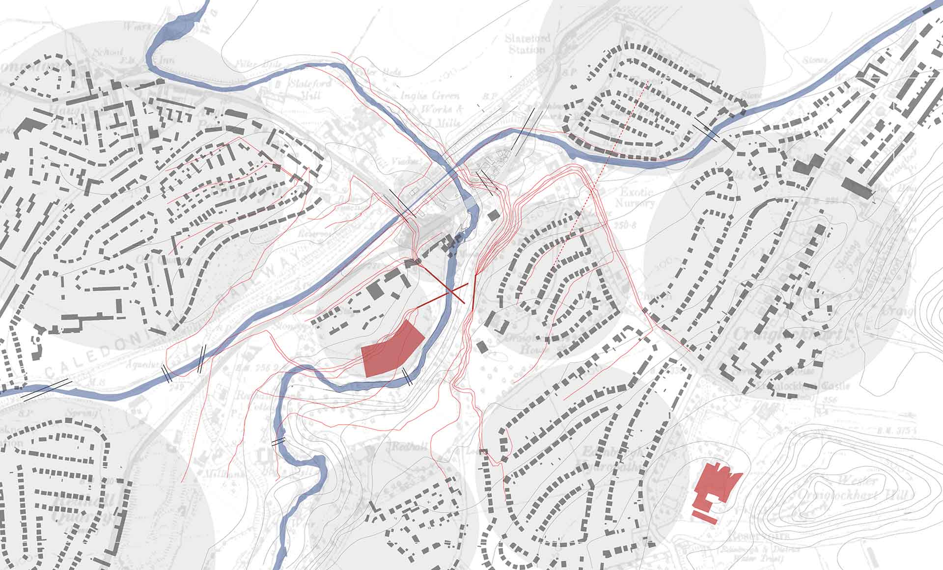 Analysis of neighbourhood boundaries, river boundaries, pedestrian flows and boundary crossing points to be manipulated by the Hydro Research Centre addition.