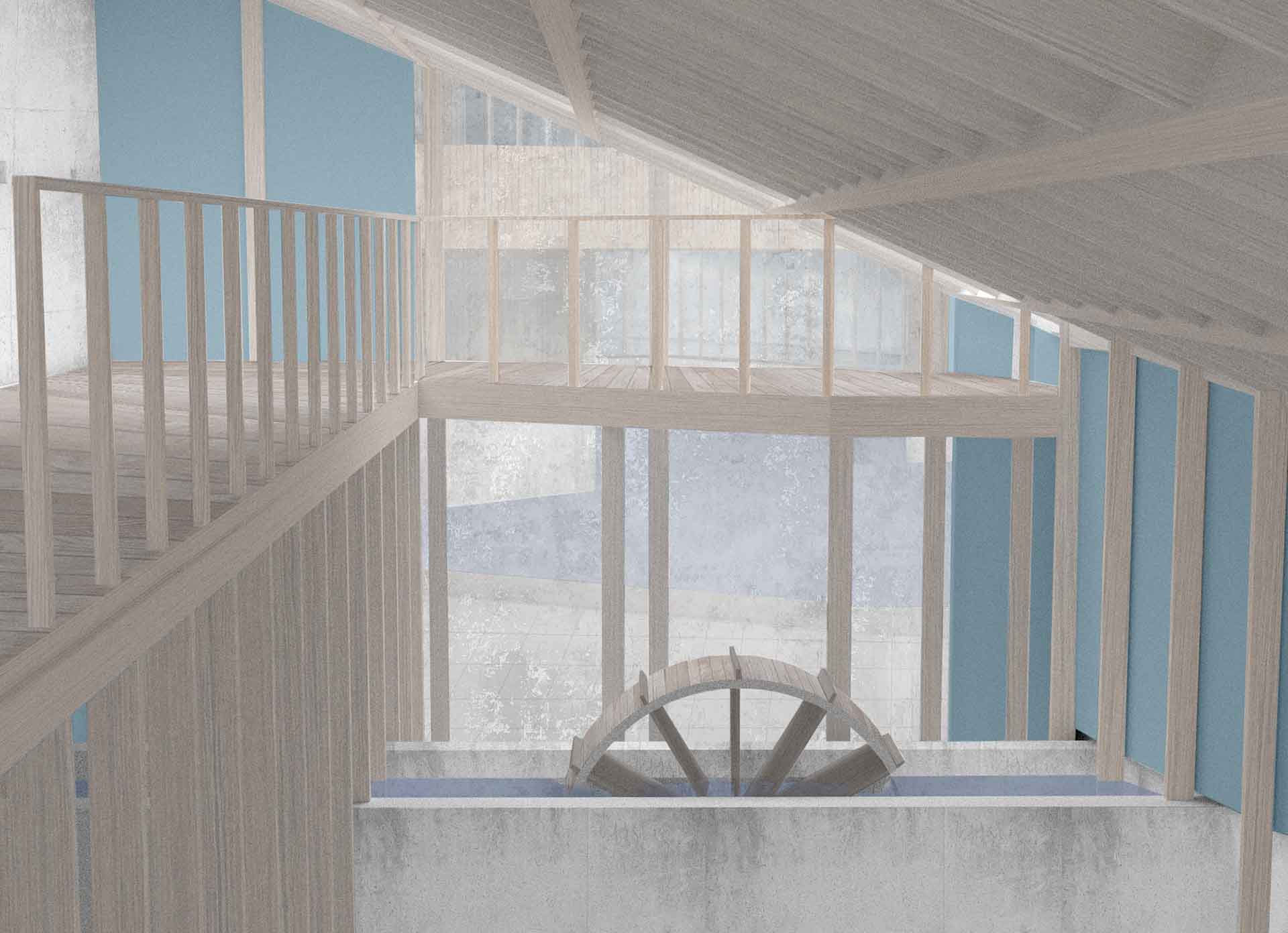 Internal view of the exhibition space with the internal waterwheel as a spectacle to gather and educate. 