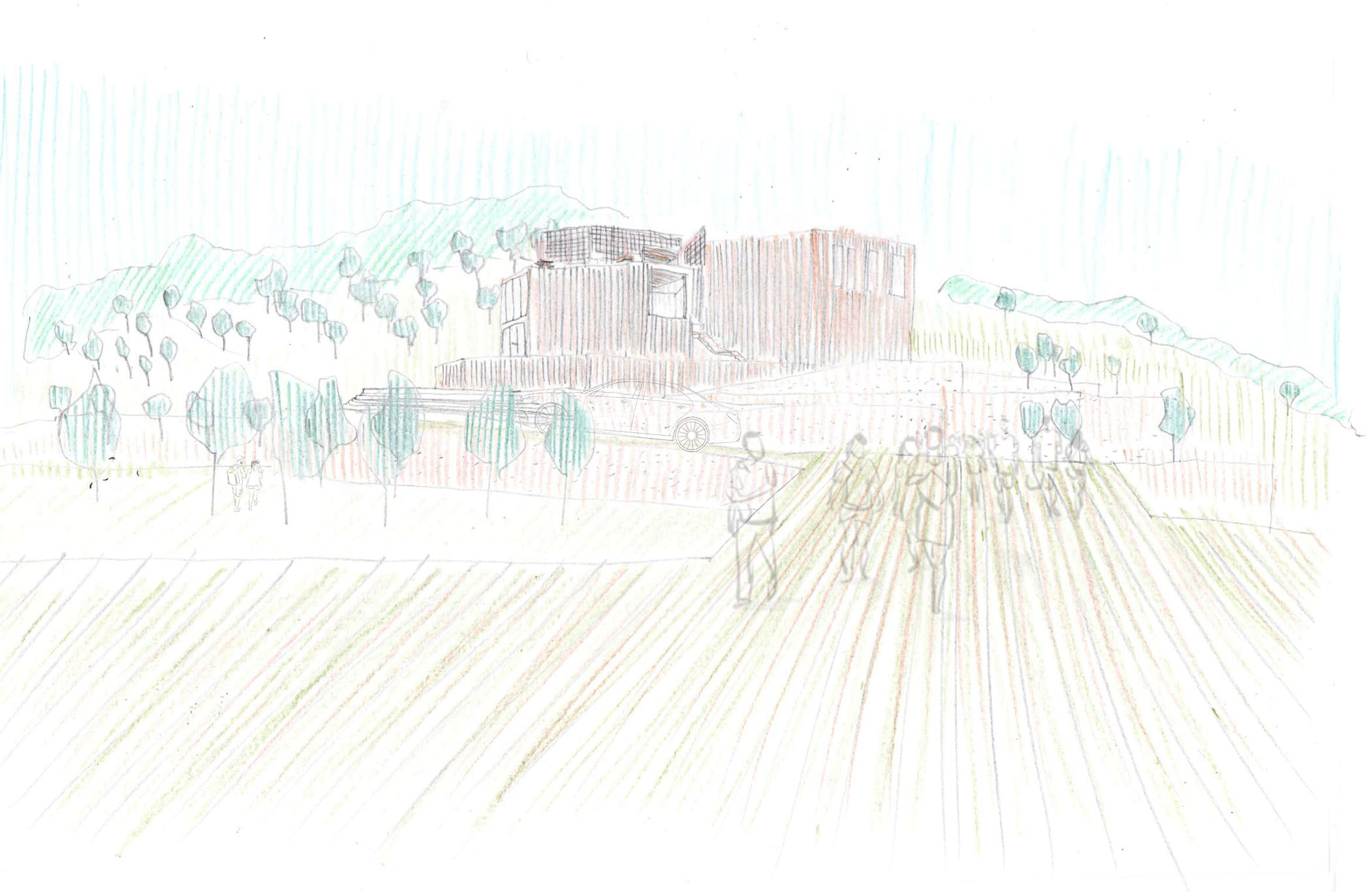 People walking up the path to the project in the distance.