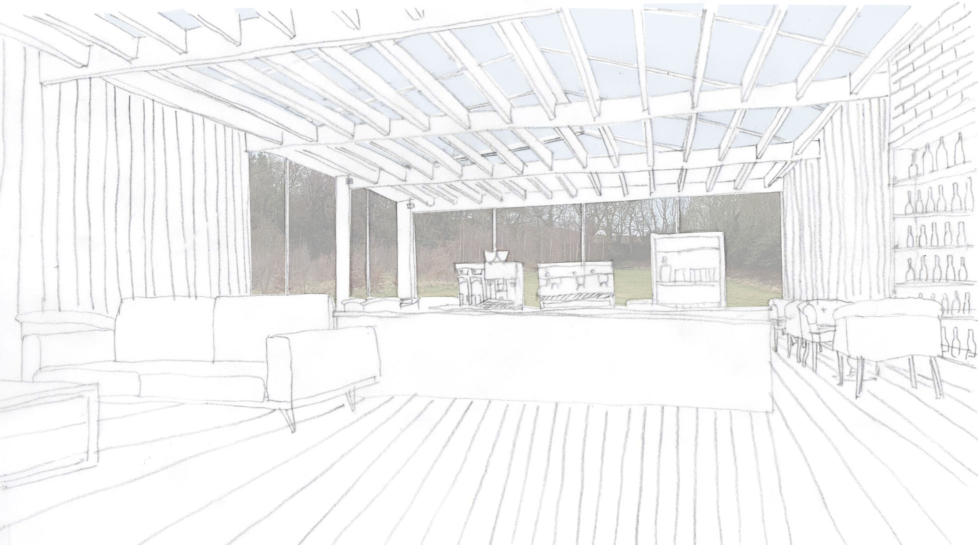 Perspective sketch of cafe and view beyond.
