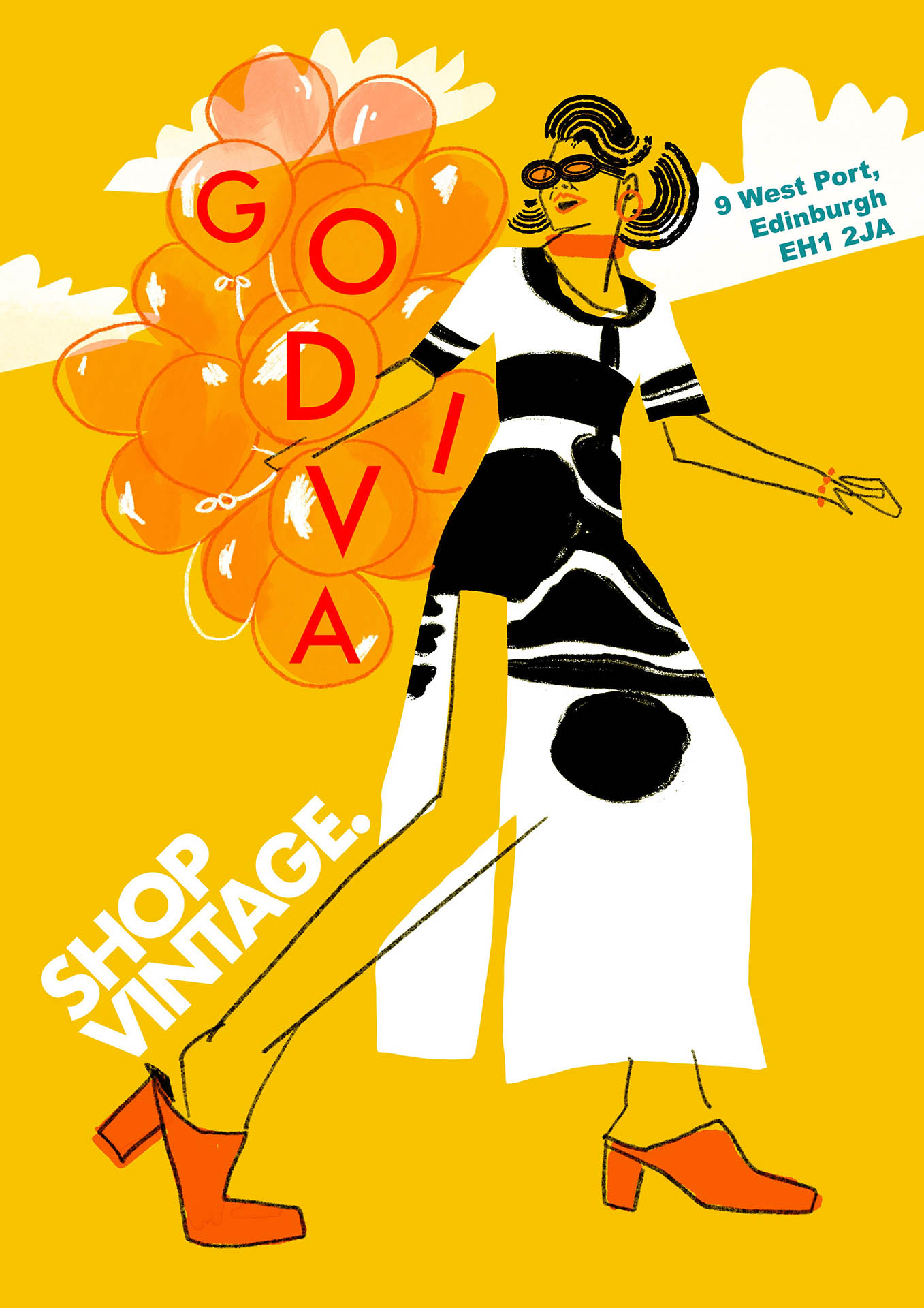 Editorial Illustration for Godiva Vintage. Woman holding balloon spelling out "Godiva Vintage' with the caption 'Shop Vintage' in the left bottom corner 