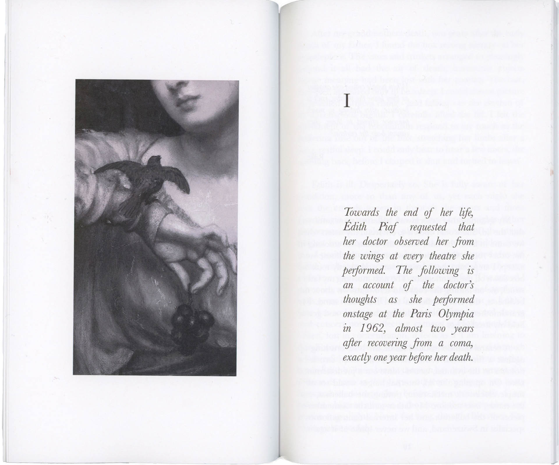 A scan of a two-page spread showing a painting of a bird and some text. The full text can be found in the pdf at the top of the page.