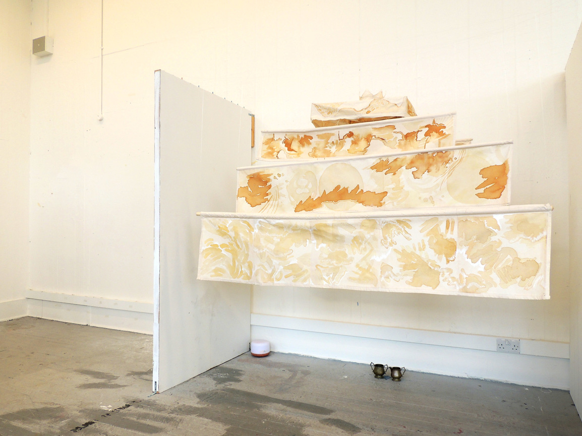 "She is My Vessel, I am Hers" (ongoing installation), natural inks on calico, 2021.