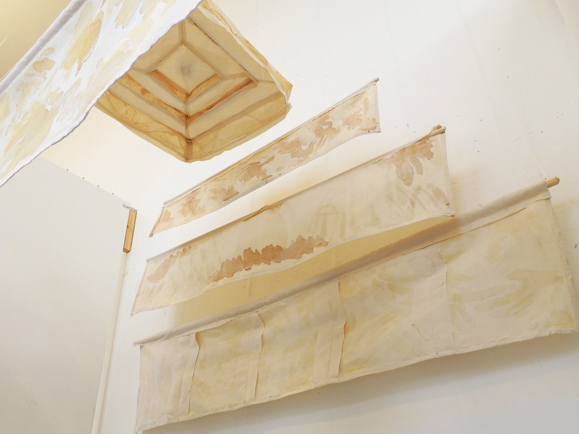 "She is My Vessel, I am Hers" (interior view of ongoing installation), natural inks on calico, 2021.