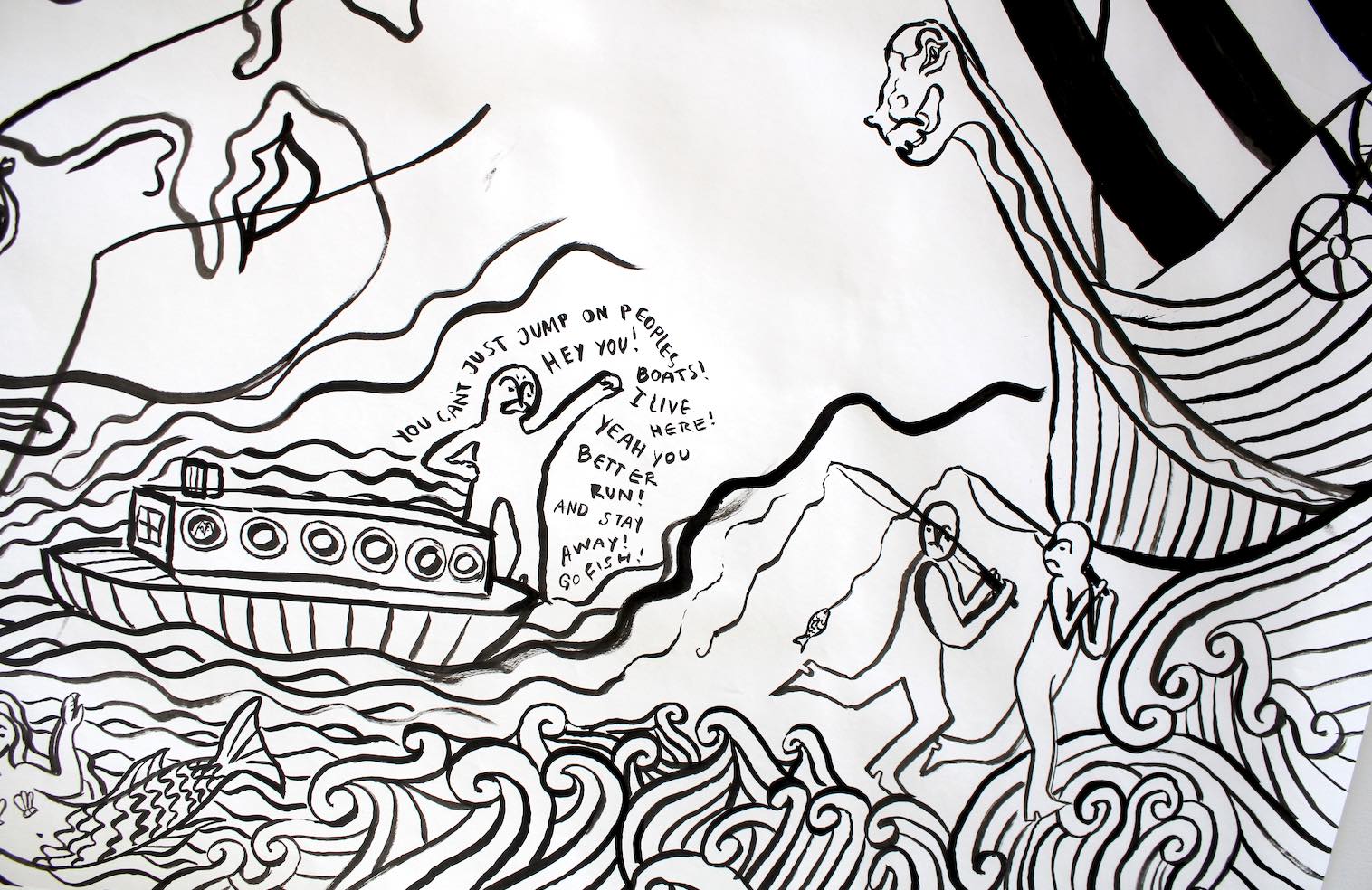 detail of an ink drawing with a viking boat and waves and a canal boat with a little guy shouting at two boys running away with fishing rods 