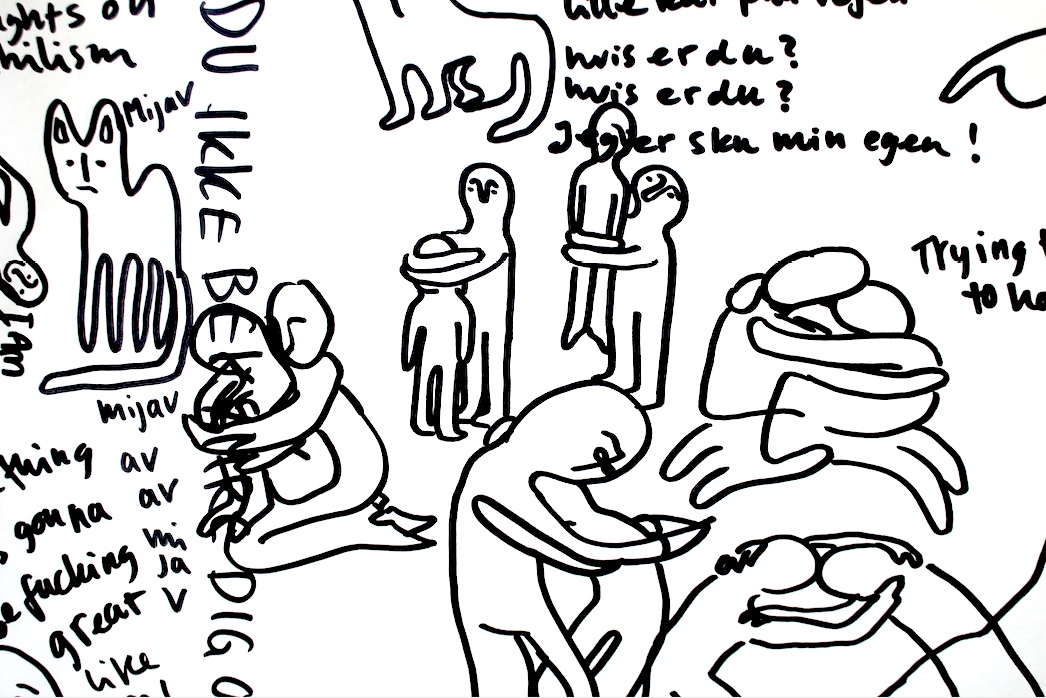 detail of ink drawing with text and characters hugging and wrestling