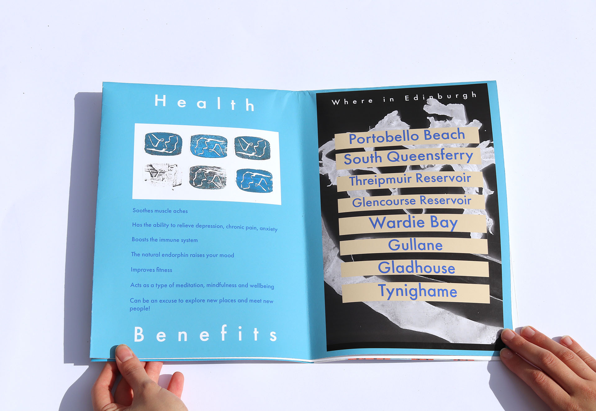First double page of the fold out poster zine. Combined text and imagery relays the health benefits and potential swimming locations around Edinburgh. 