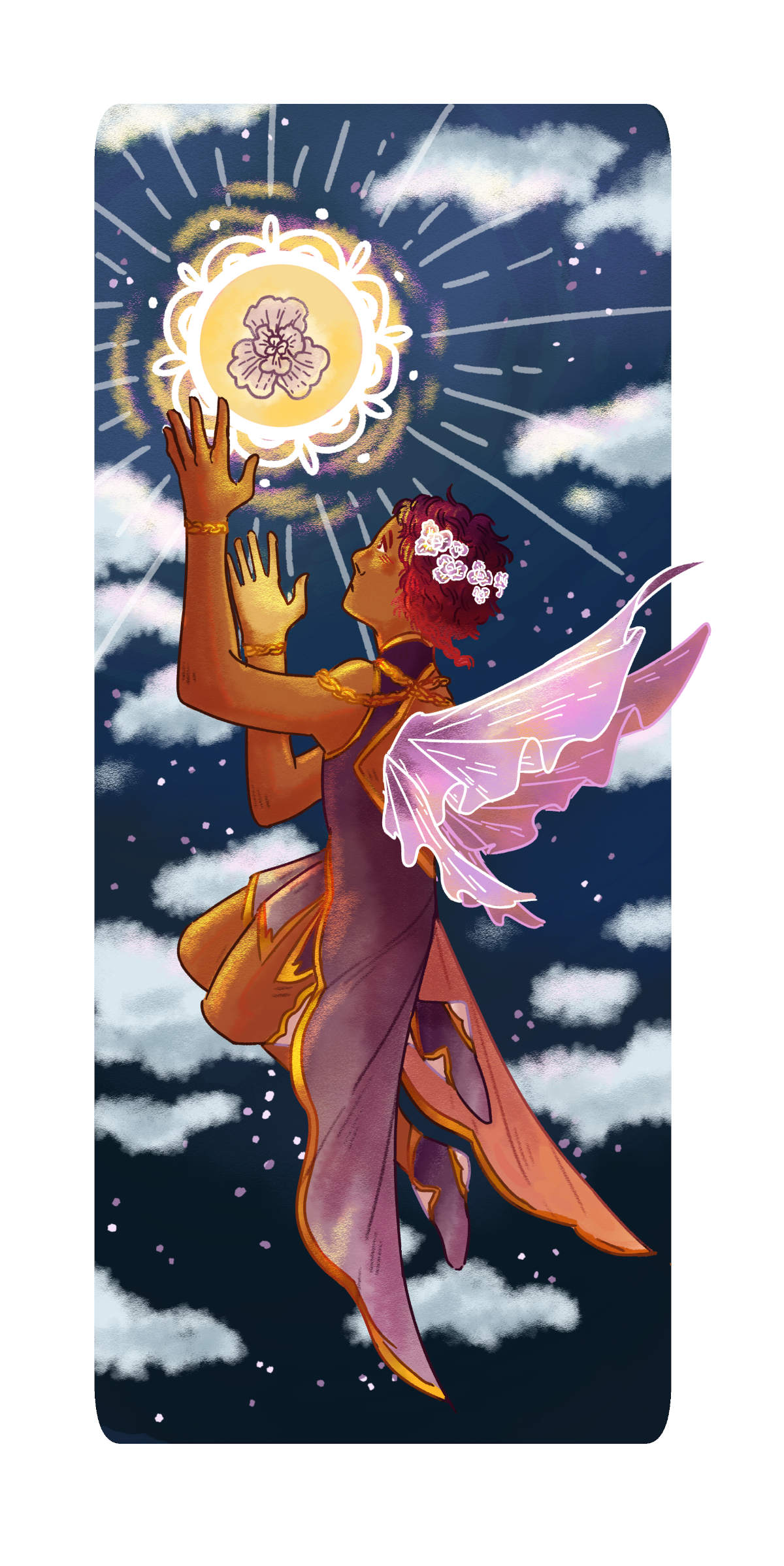 a fair hovering against a backdrop of the night sky, they're reaching out to a glowing flower