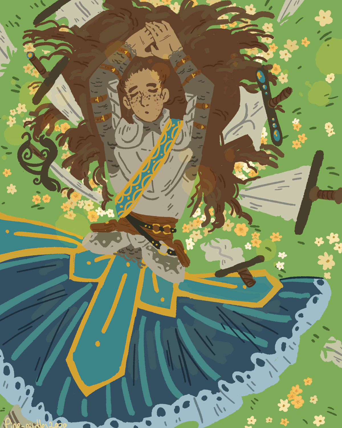 a knight laying in a field of swords and flowers