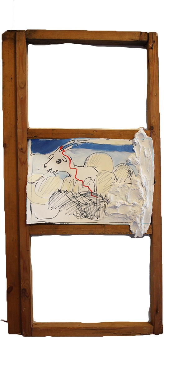 A drawing of a goat mounded on a found rectangular piece of wood 