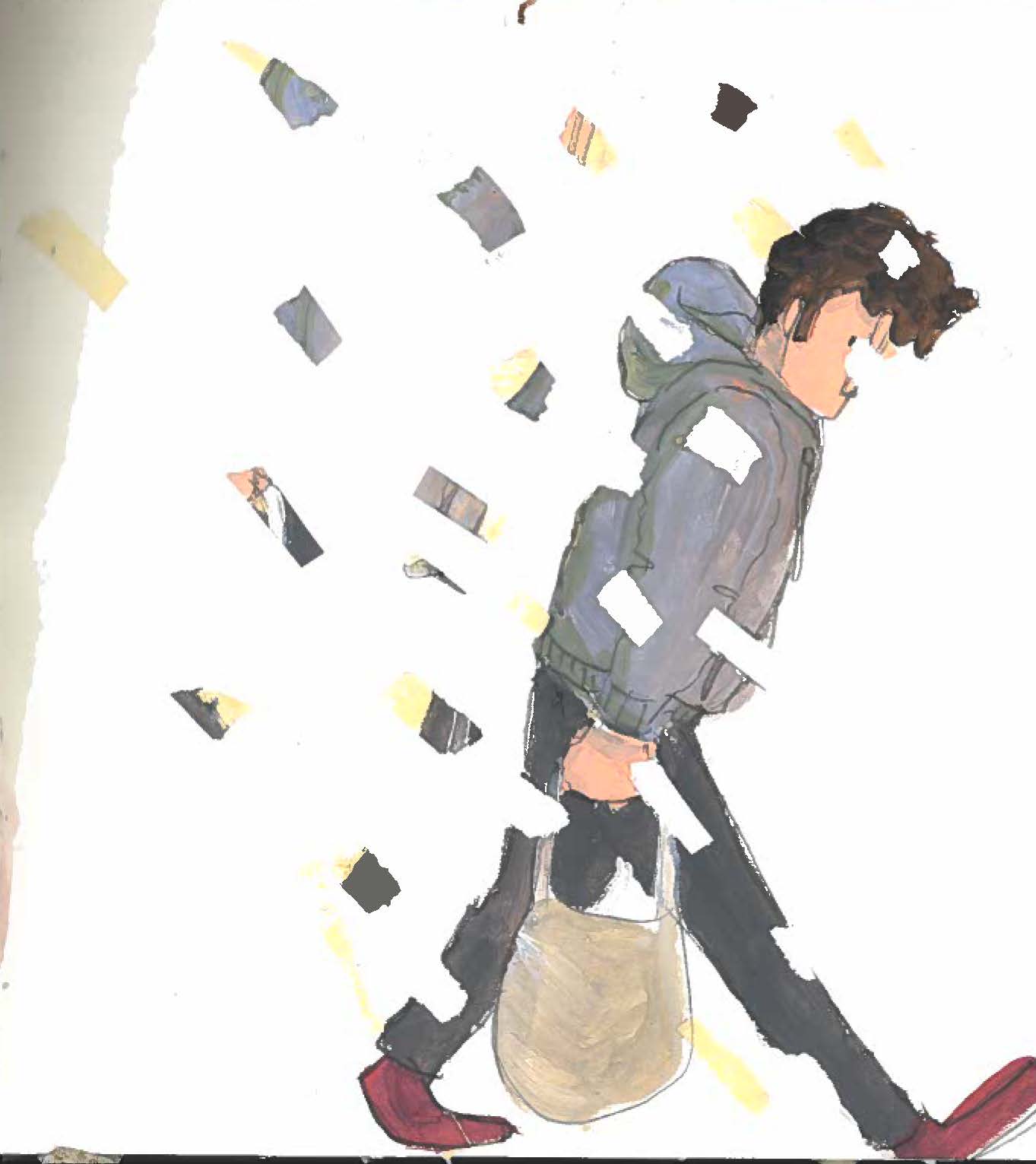 Concept art: Painting of man walking with rectangular pieces floating out of him 
