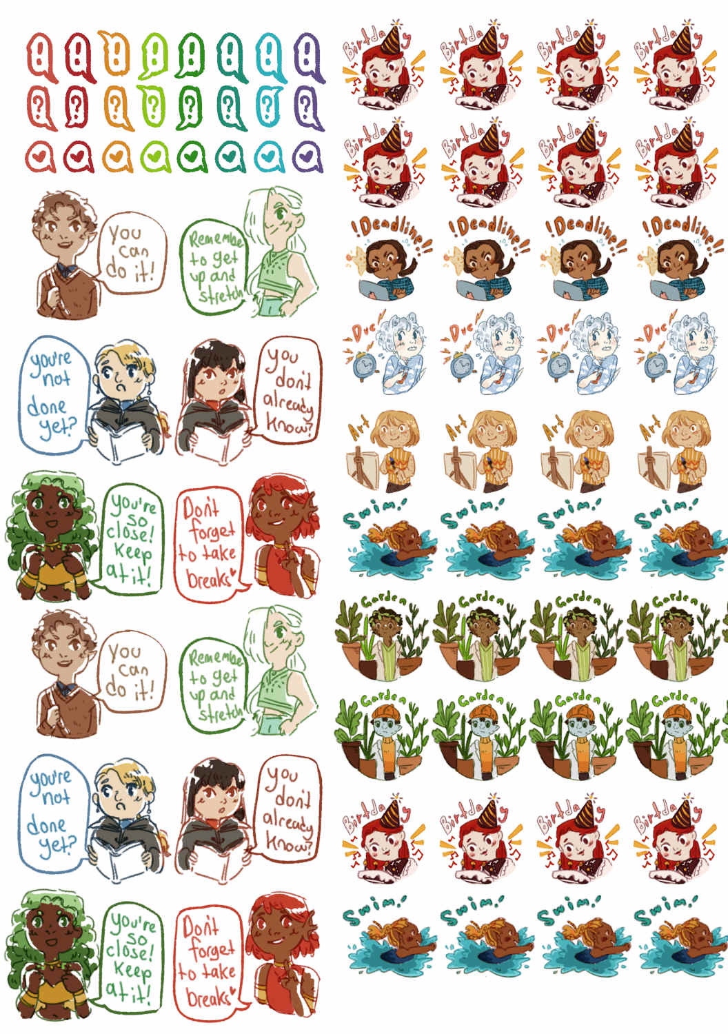 a sheet of planner stickers featuring various characters doing activities 