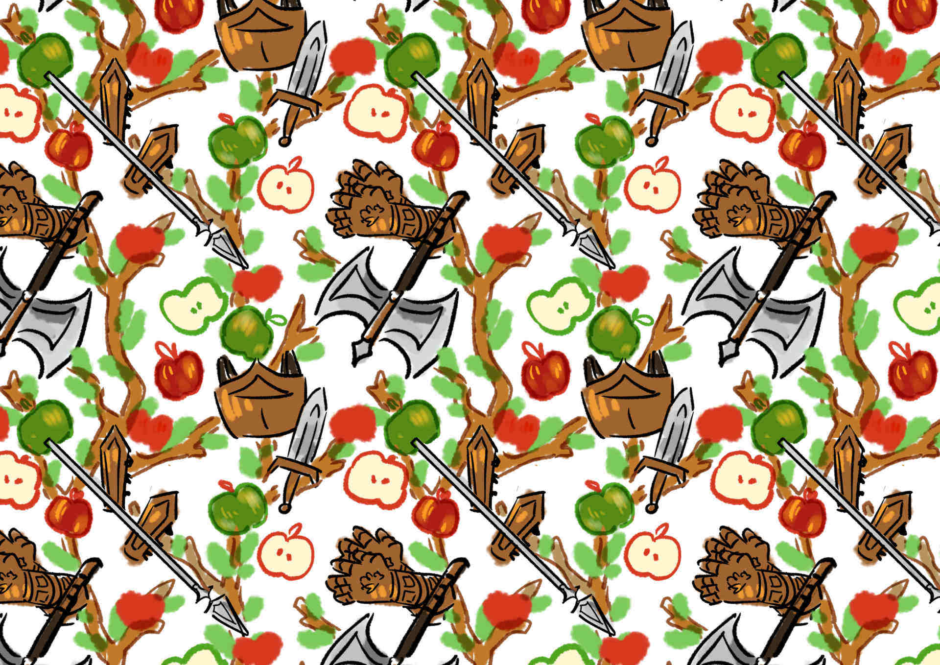 a pattern of apple branches interlaced with bronze armor and weaponry on a white background