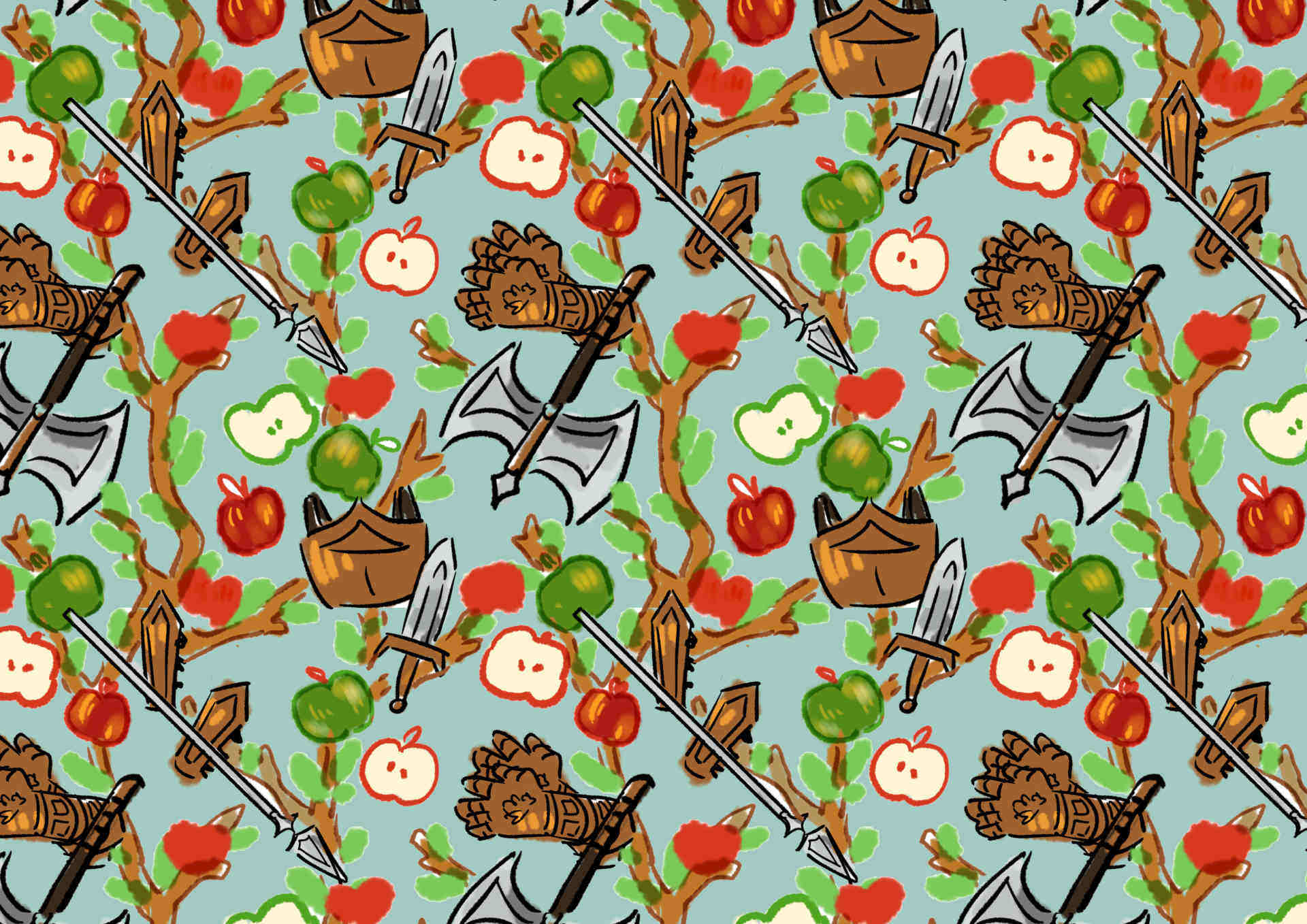 a pattern of apple branches interlaced with bronze armor and weaponry on a blue background