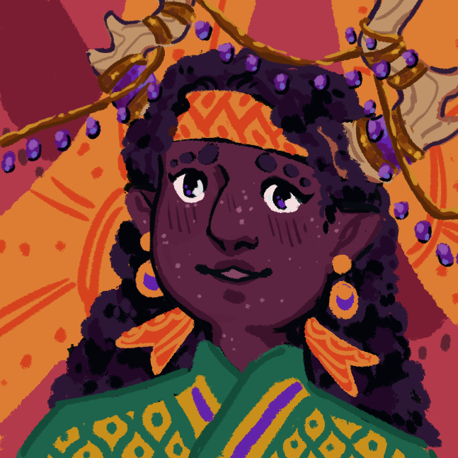 a portrait of a purple-skinned character with antlers adorned with gold jewlery