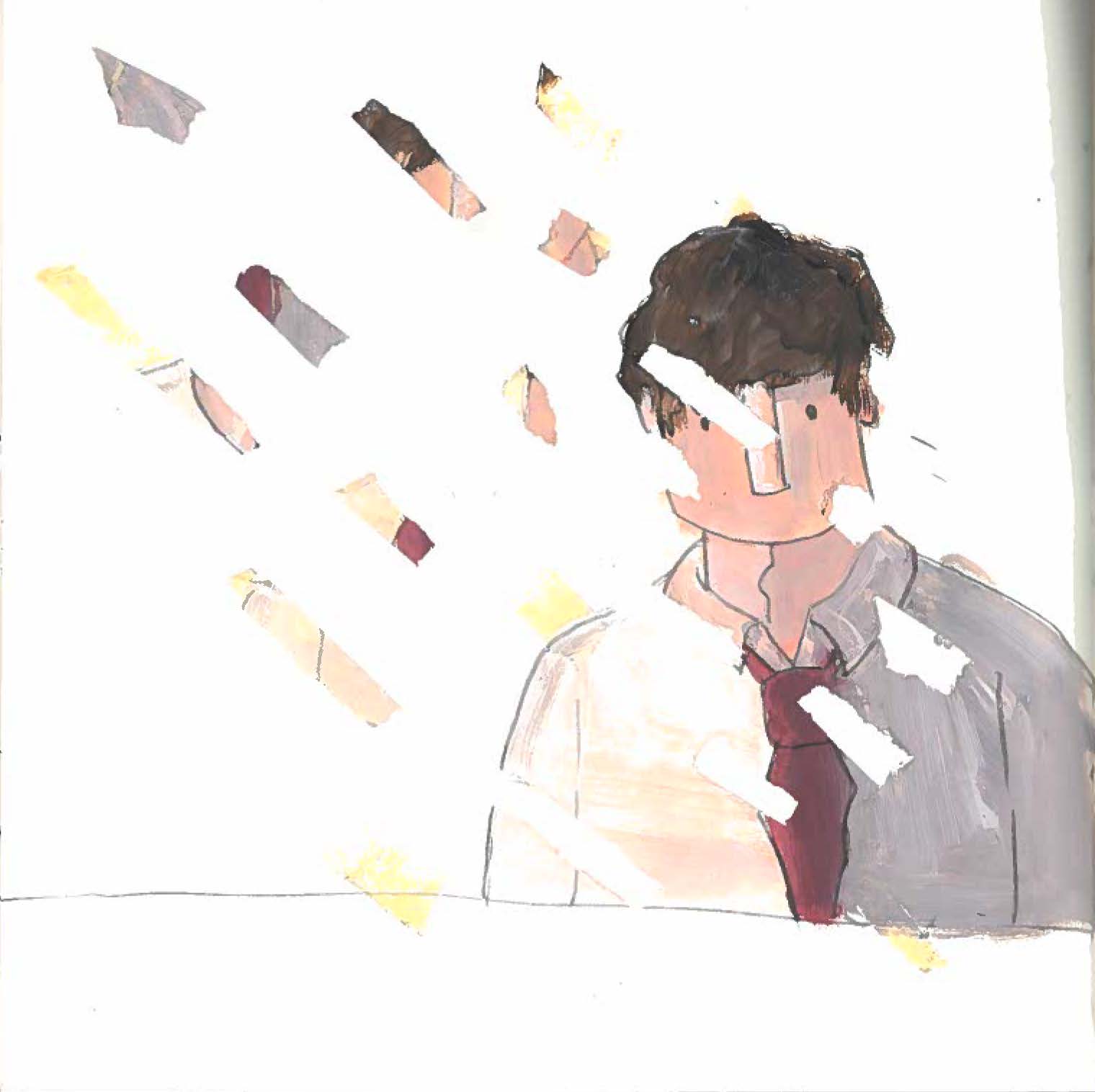 Concept art for the film, painting of a man with pieces floating away 