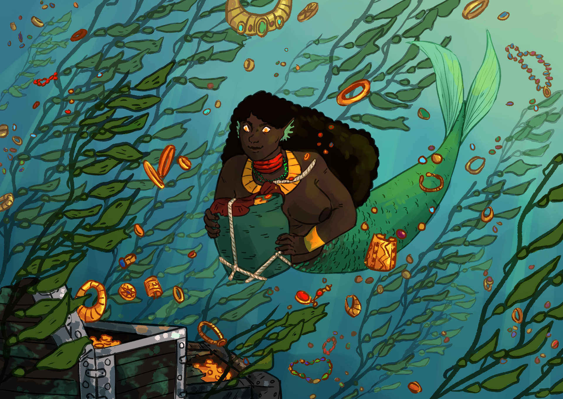 a mermaid swimming down through a kelp forest towards an open treasure chest. The chest if full of gold jewlery, some of which is floating up towards the surface