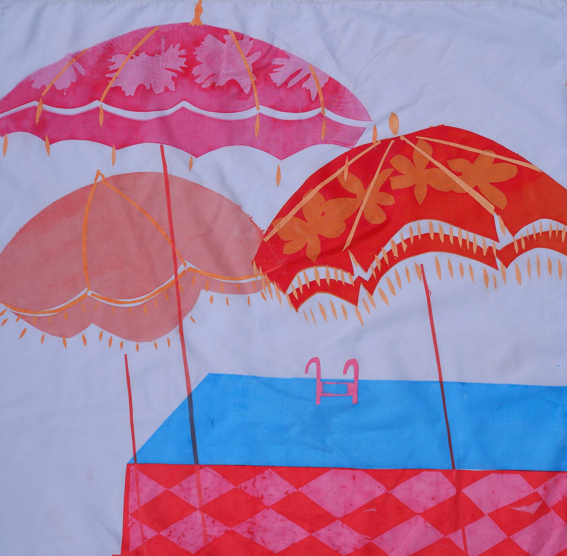 A screen printed sample one at home using different handcut stencils. The imagery on this sample has been inspired by dreams of the summer and depicts different parasols over a diamond tiled pool 
