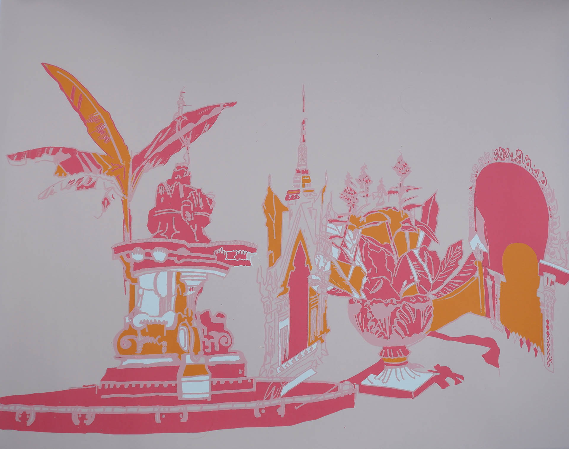 Pink and orange print inspired by the toile de jouy design. This design was hand drawn and then digitally printed onto fabric 