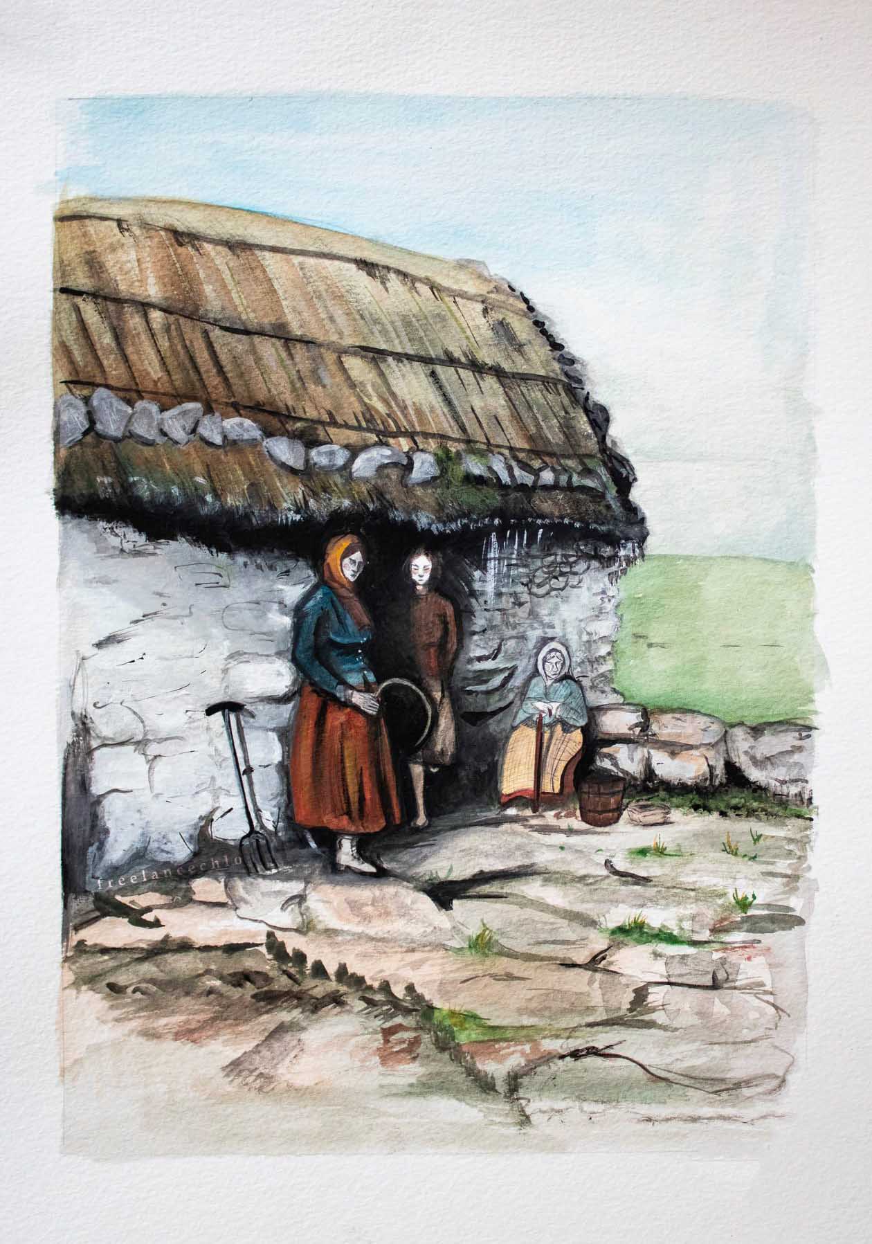 Three generations of women stood outside of a thatched irish cottage, one with a sickle in hand