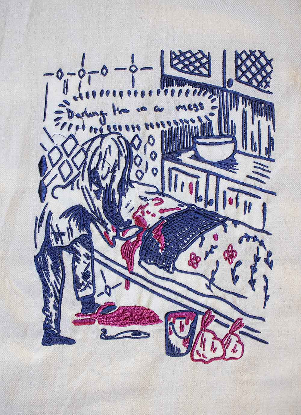 Embroidered image of a child leaning over their parent on a bed covered in blood, saying "darling, i'm in a mess"