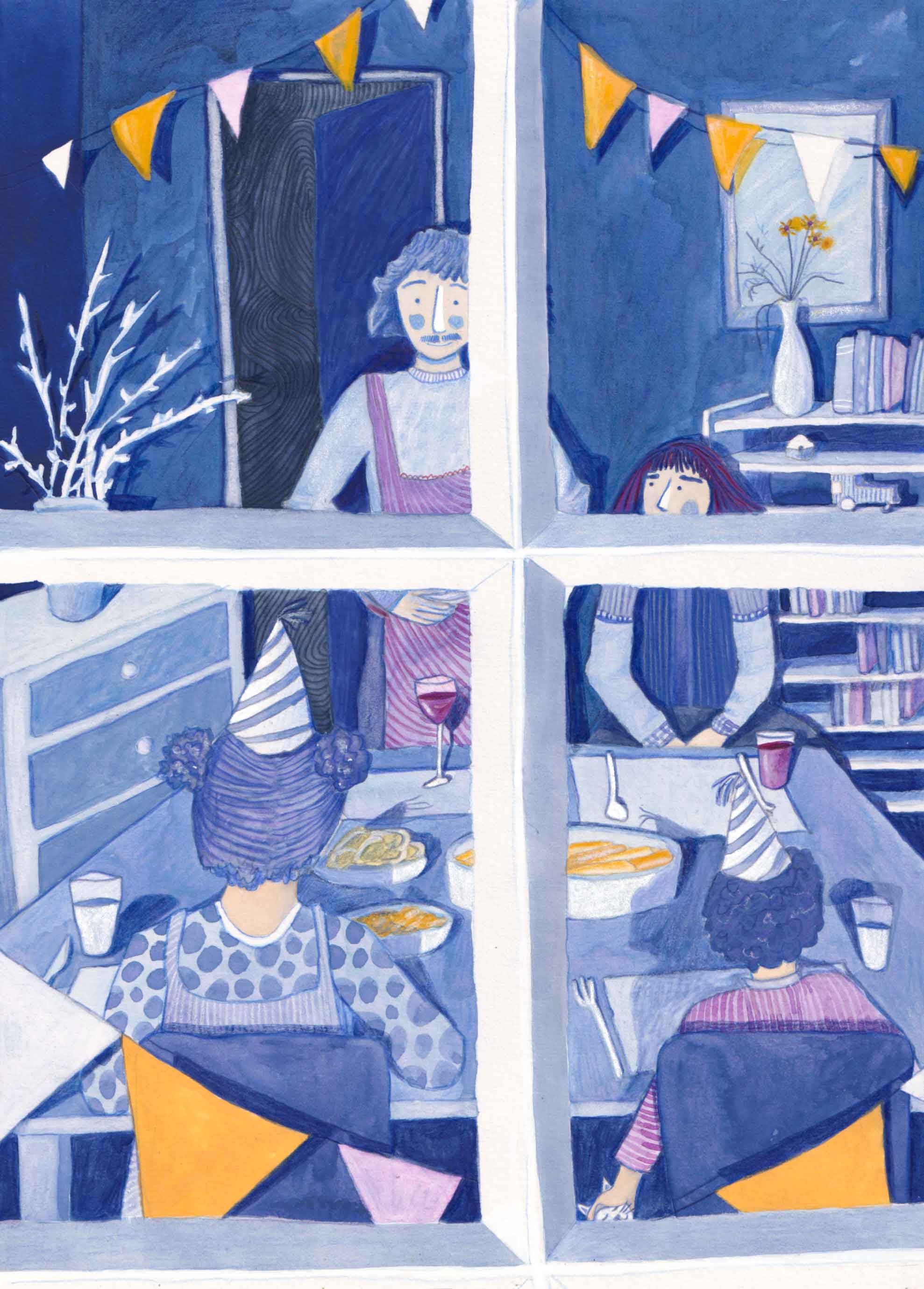 A drawing of a family meal time seen through a window frame. The scene is very blue. 