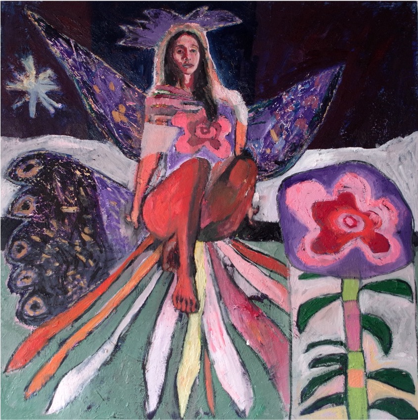 multicoloured oil painting of a girl with wings against a night sky and a large flower