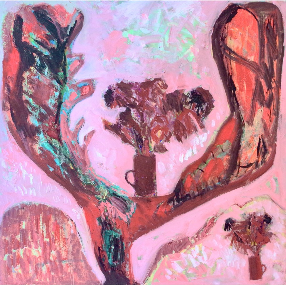 Pink and red oil painting depicting a tree in a mountainous landscape with a pot of flowers on the centre of its branches and another pot of flowers on the bottom right of the painting. 