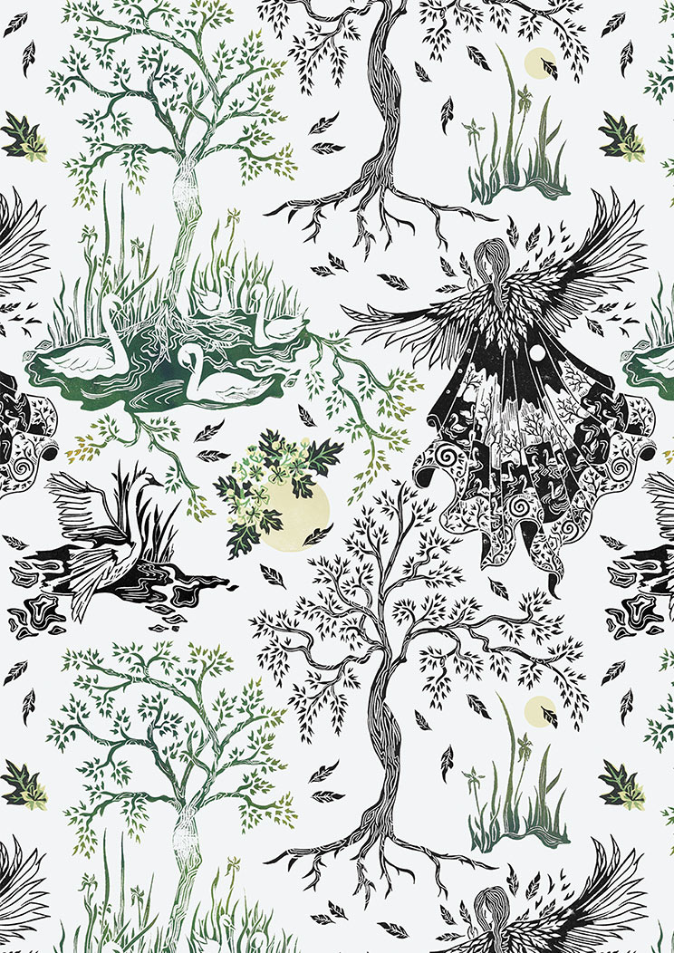 Image of repeat pattern design which includes various motifs in green/black and yellow: swans gathered around a leafy tree, a moon with flowers, and a figure with wings wearing a patterned cloak.