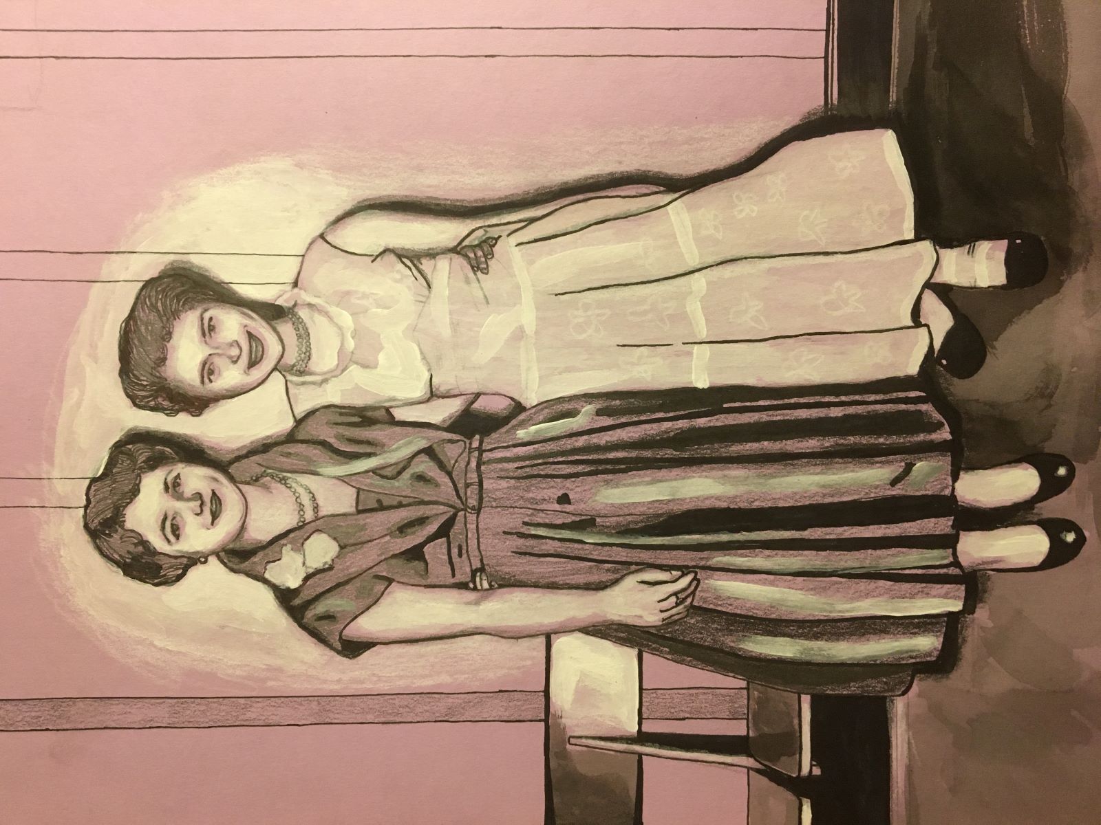 drawing of 2 women standing next to each other smiling at the camera