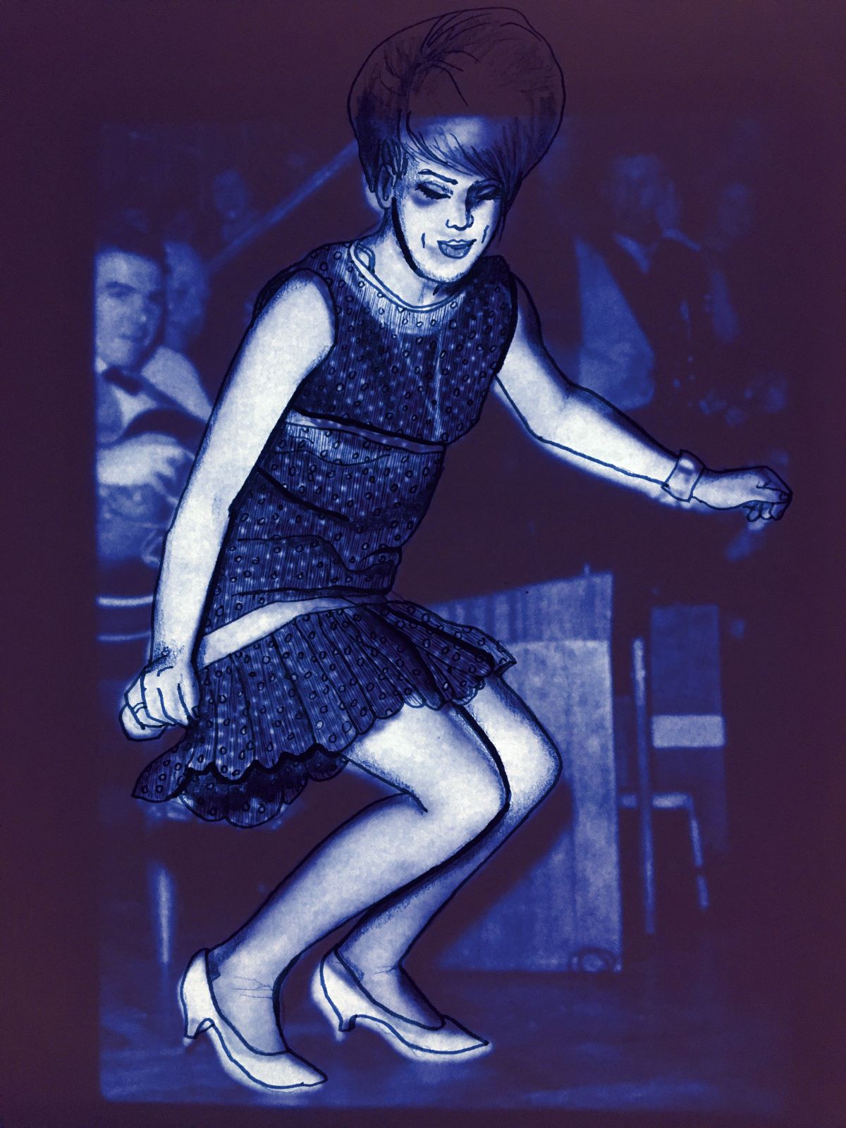 drawing of a woman dressed in 60s clothing dancing with band playing behind her