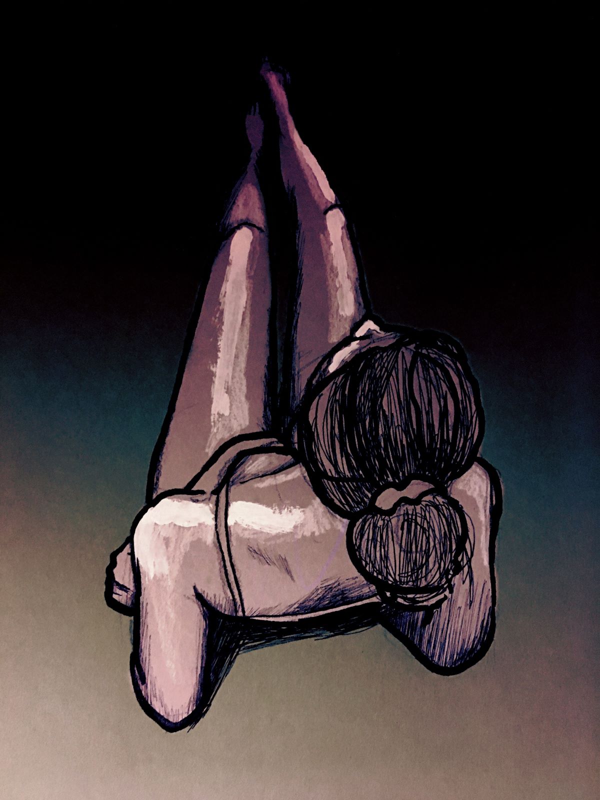 drawing of a woman laying down, her back to the audience, legs elevated in the air