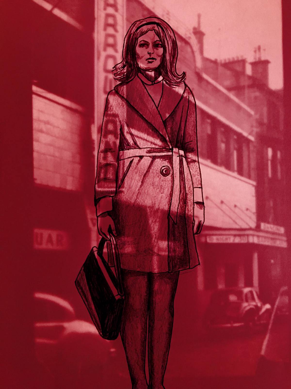 drawing of a woman holding a handbag standing in front of a building