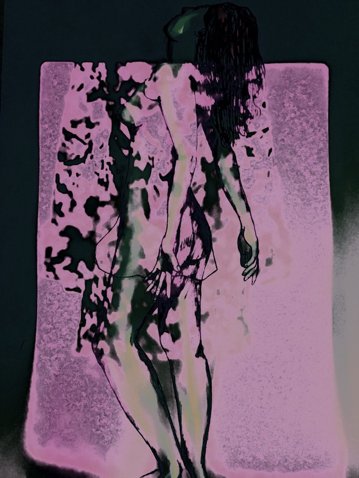 drawing of a nude woman facing a purple screen with abstract print on it