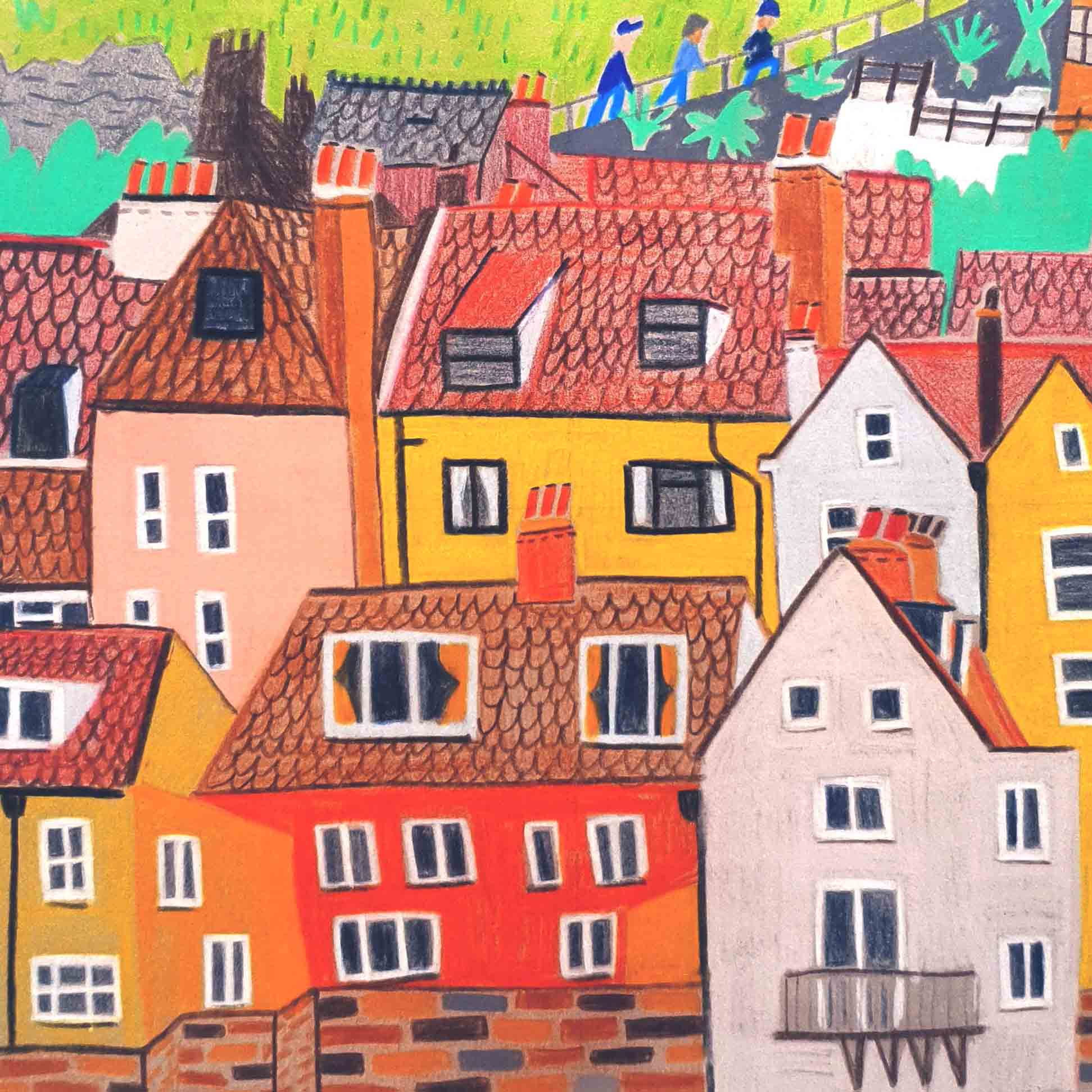Coloured pencil illustration of houses and the 199 steps in Whitby, North Yorkshire