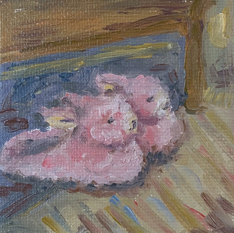 Painting of pink bunny slippers 