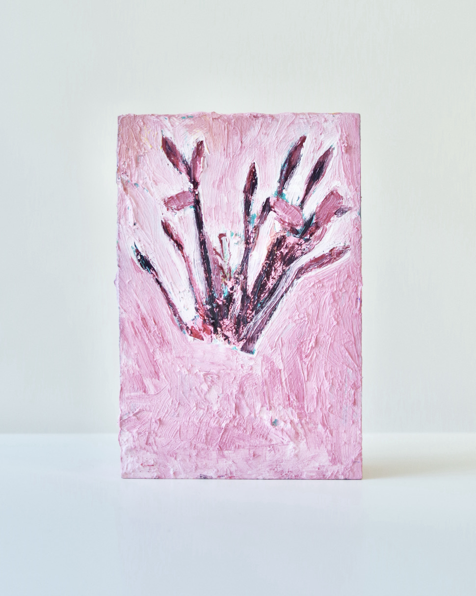 pink oil painted MDF block with image of daffodil buds with the vessel removed so that they are floating in mid-air.
