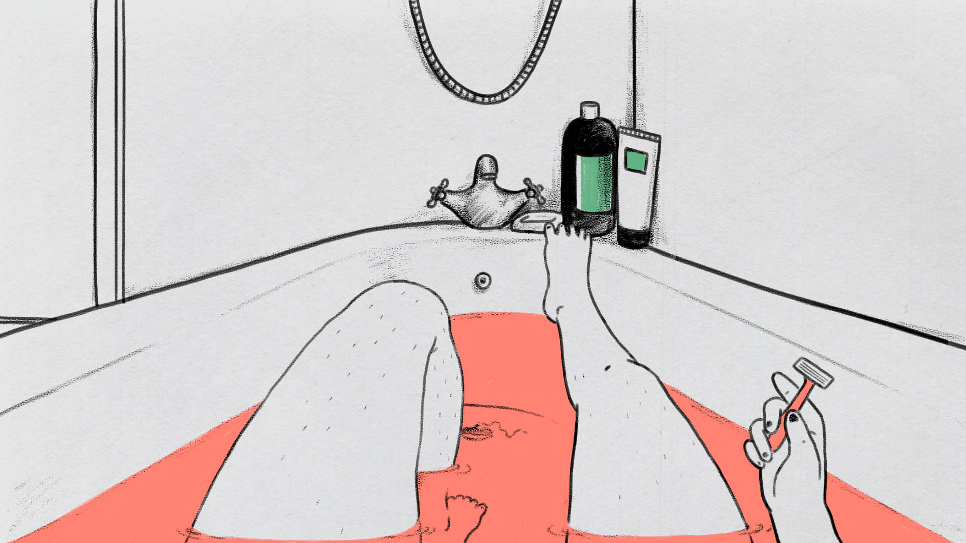 Still from 'Silvering' - drawing of stubbly legs in a bath, with a hand holding a razor